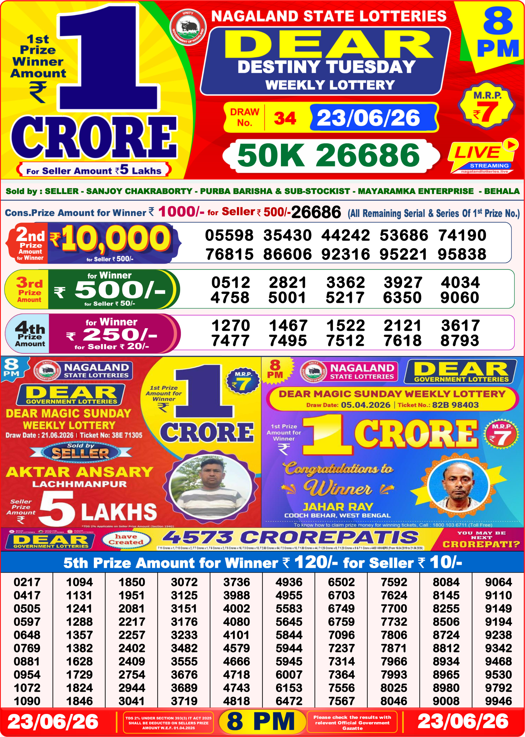 Dear Lottery Result 8PM 23 06 26