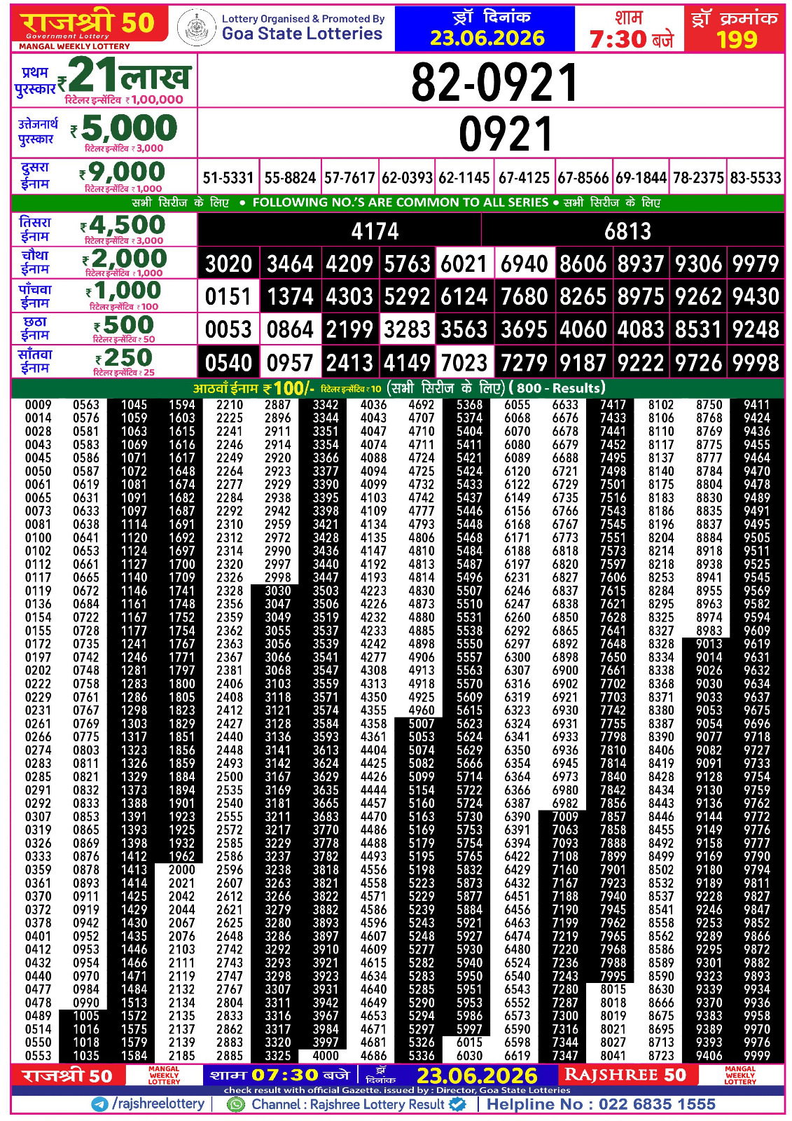Rajshree 50 Lottery 7:30PM Result 23 06 26