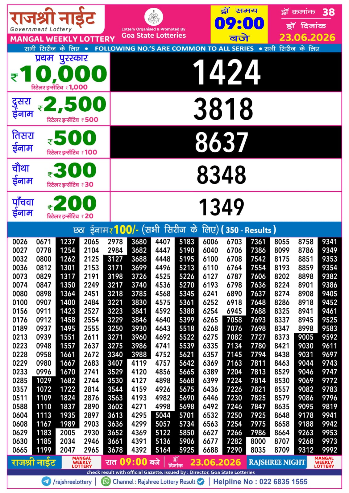 Rajshree 9PM Result 23 06 26