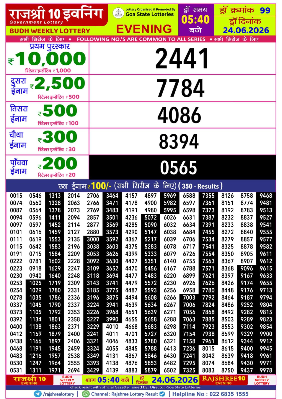 Rajshree 10 Evening 5:40PM Result 24 06 26