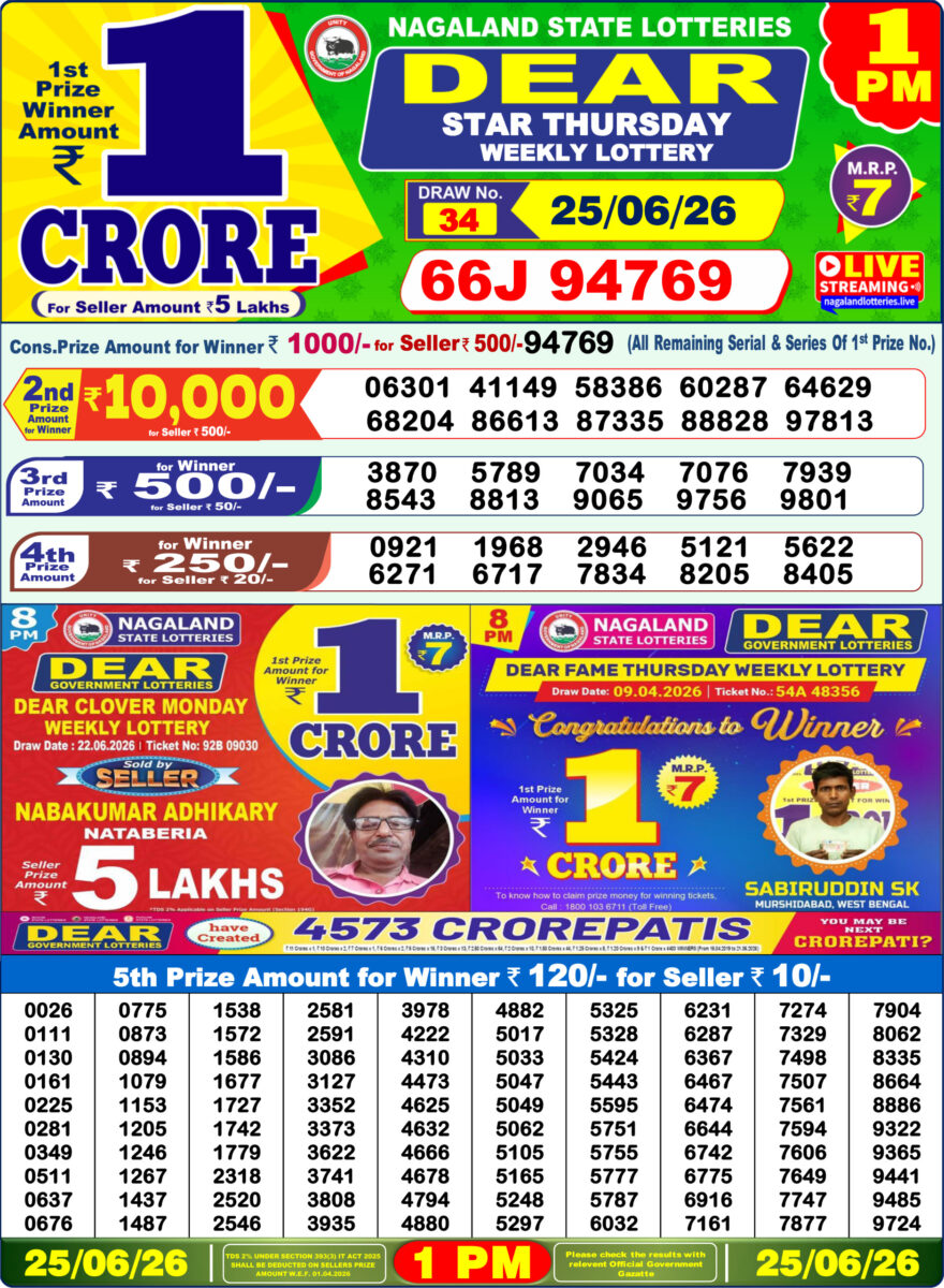 Dear Lottery Result Today 1PM 25 06 26