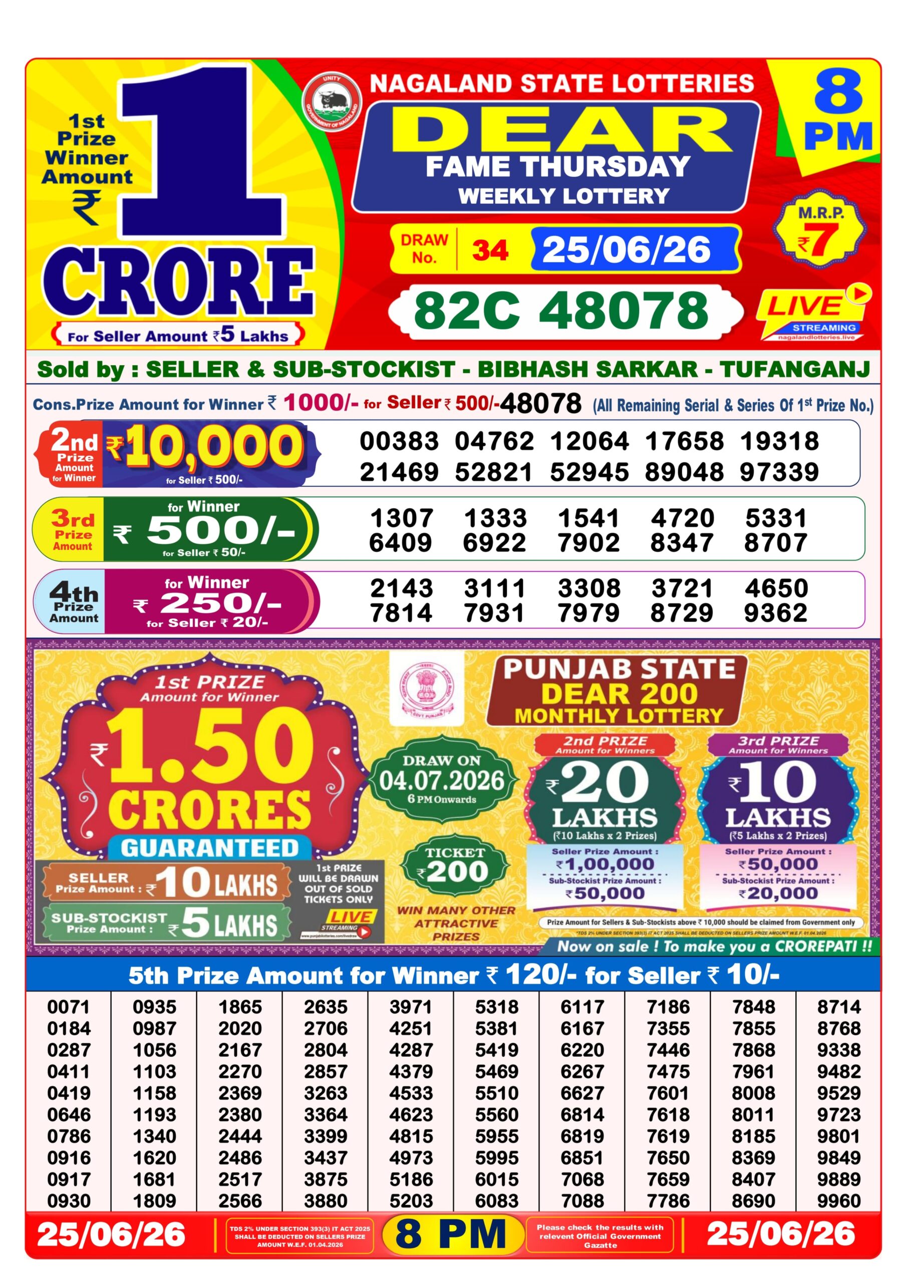 Dear Lottery Result 8PM 25 06 26