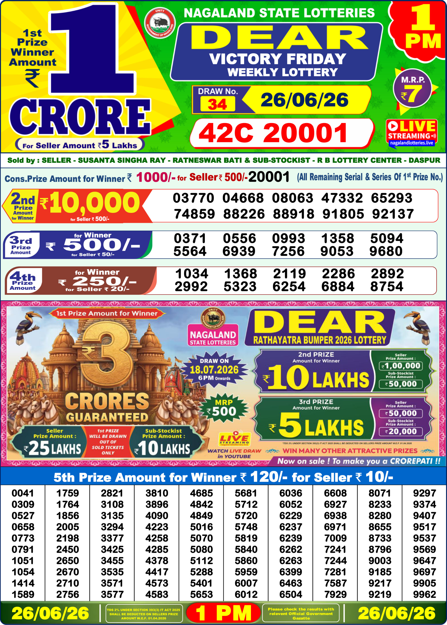 Dear Lottery Result Today 1PM 26 06 26