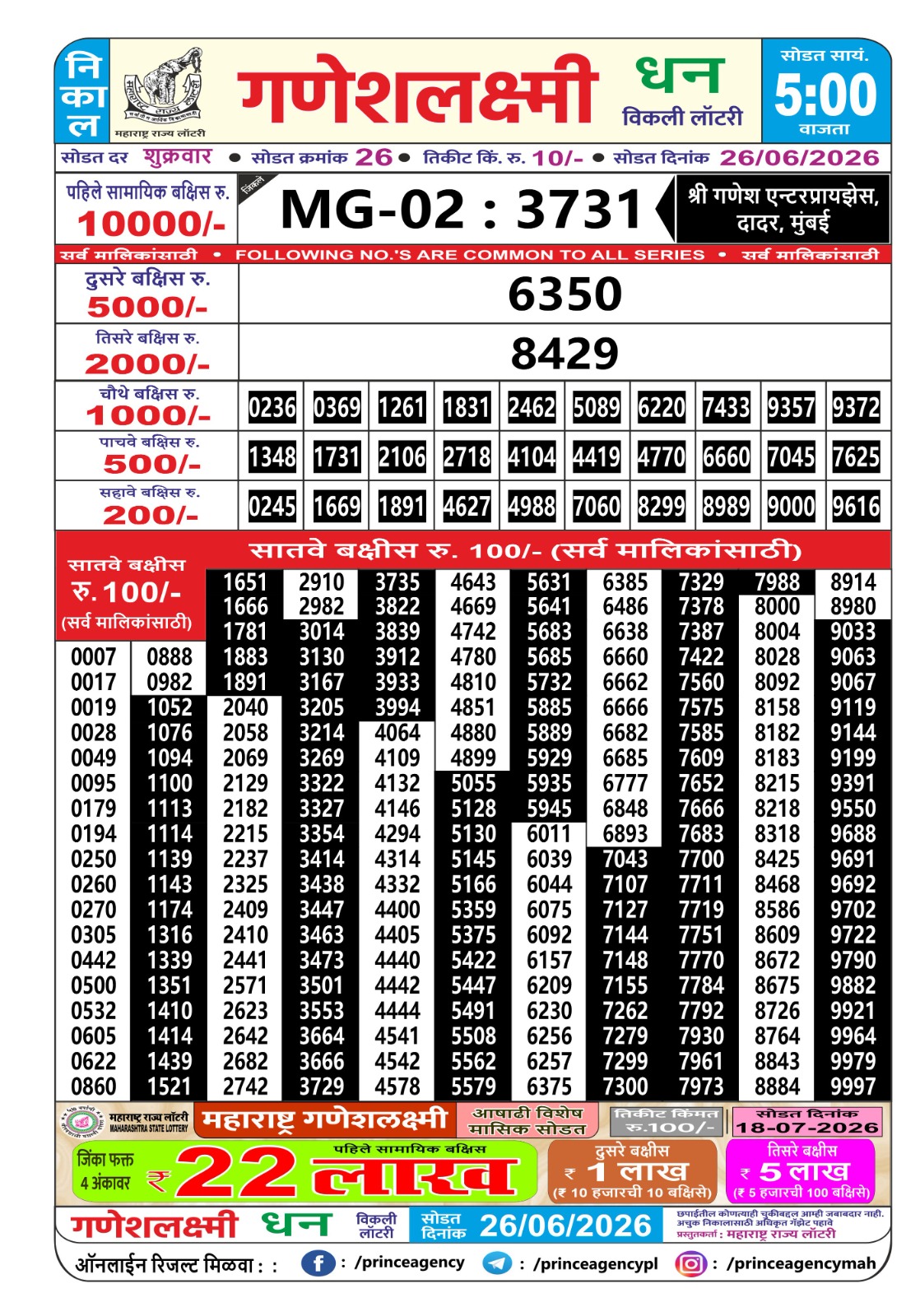 Maharashtra Ganesh Laxmi Lottery Result 26 06 26