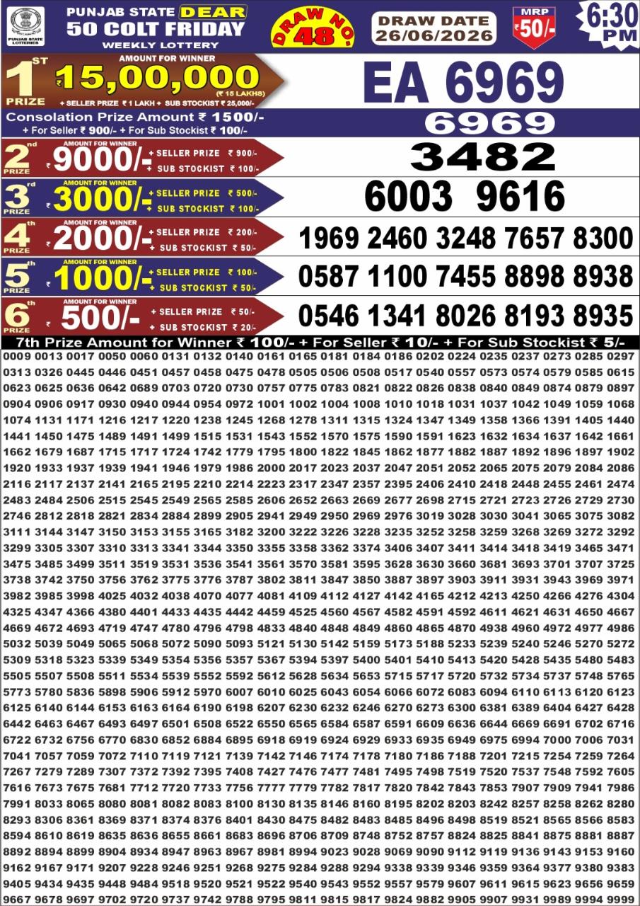 Punjab State Dear 50 Lottery 6:30PM Result 26 06 26
