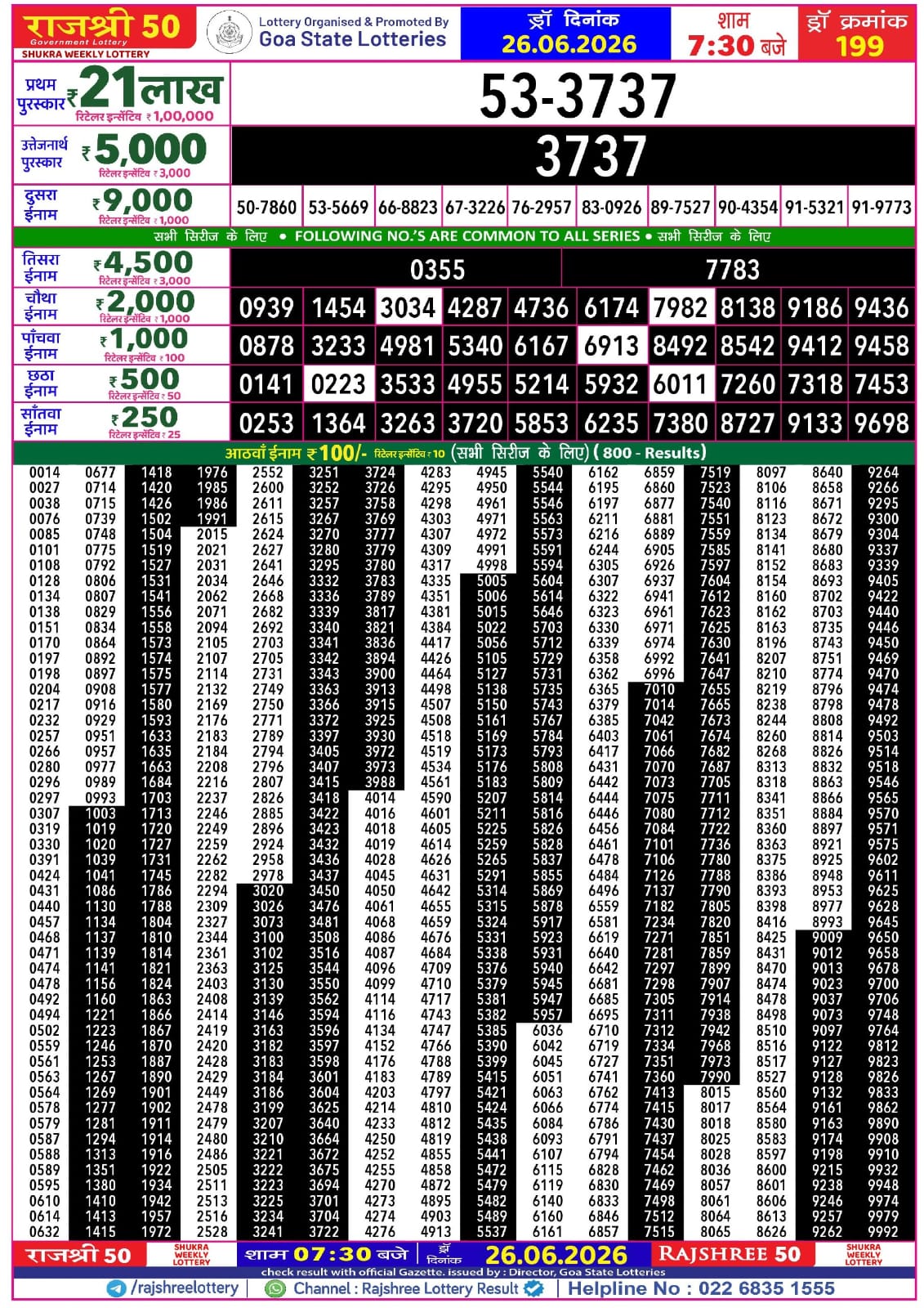 Rajshree 50 Lottery 7:30PM Result 26 06 26