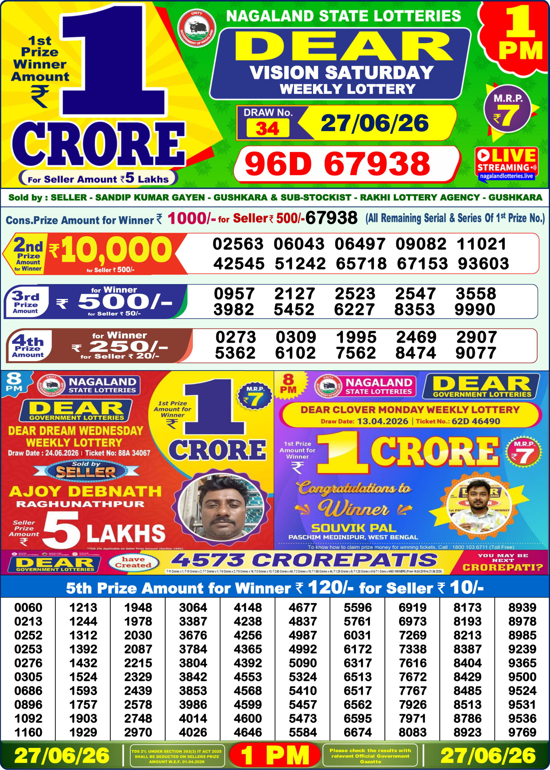 Dear Lottery Result Today 1PM 27 06 26