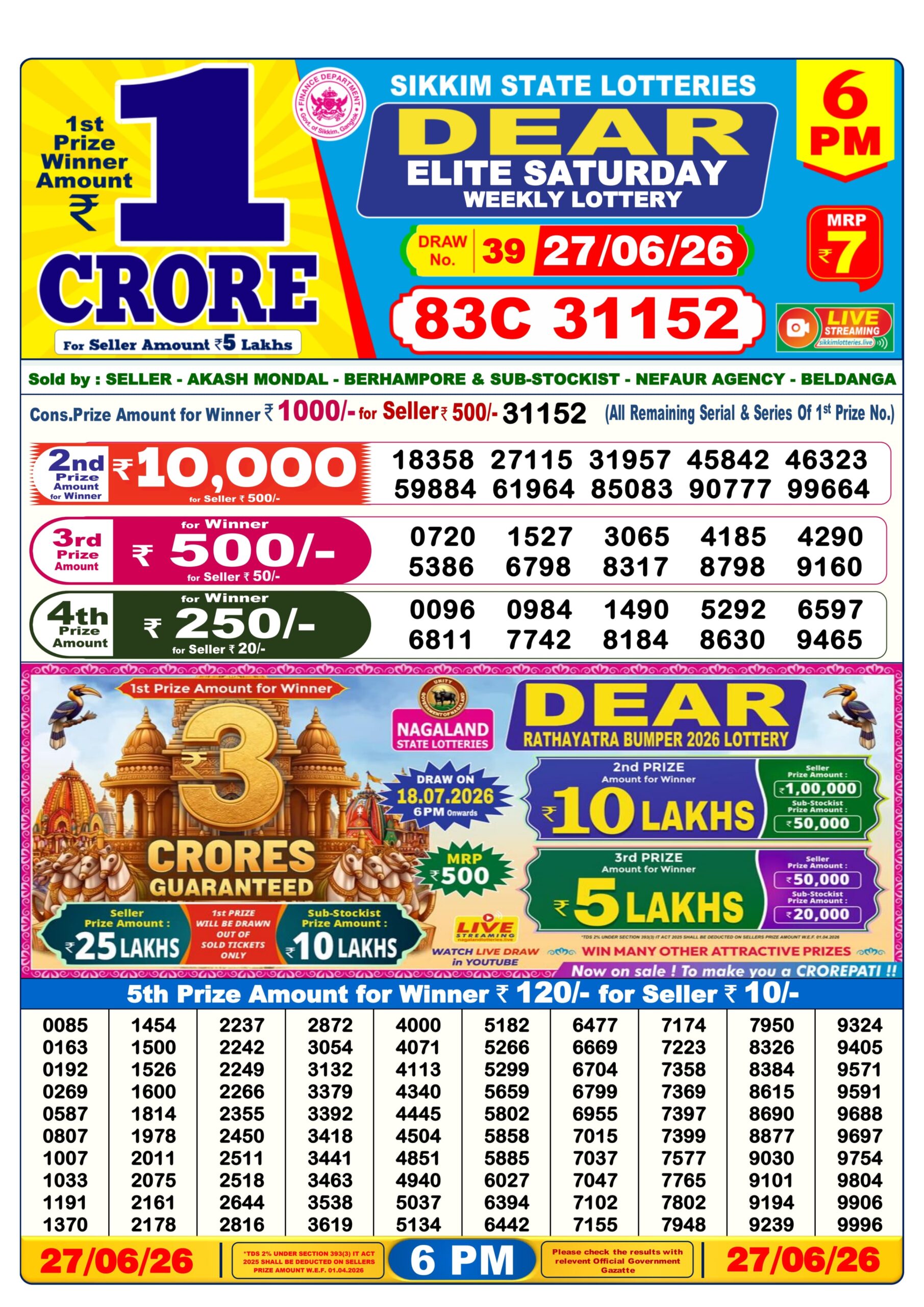 Dear Lottery Today Result 6PM 27 06 26