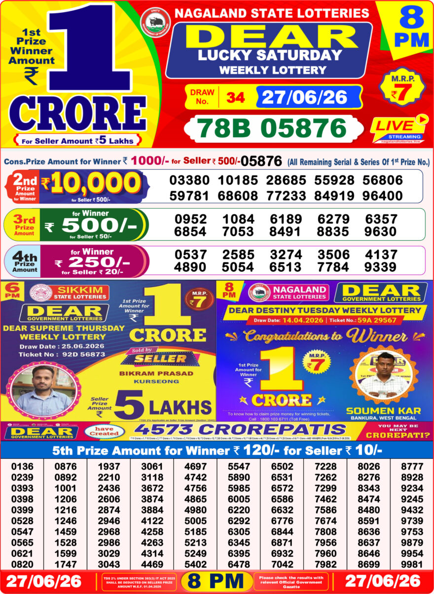 Dear Lottery Result 8PM 27 06 26