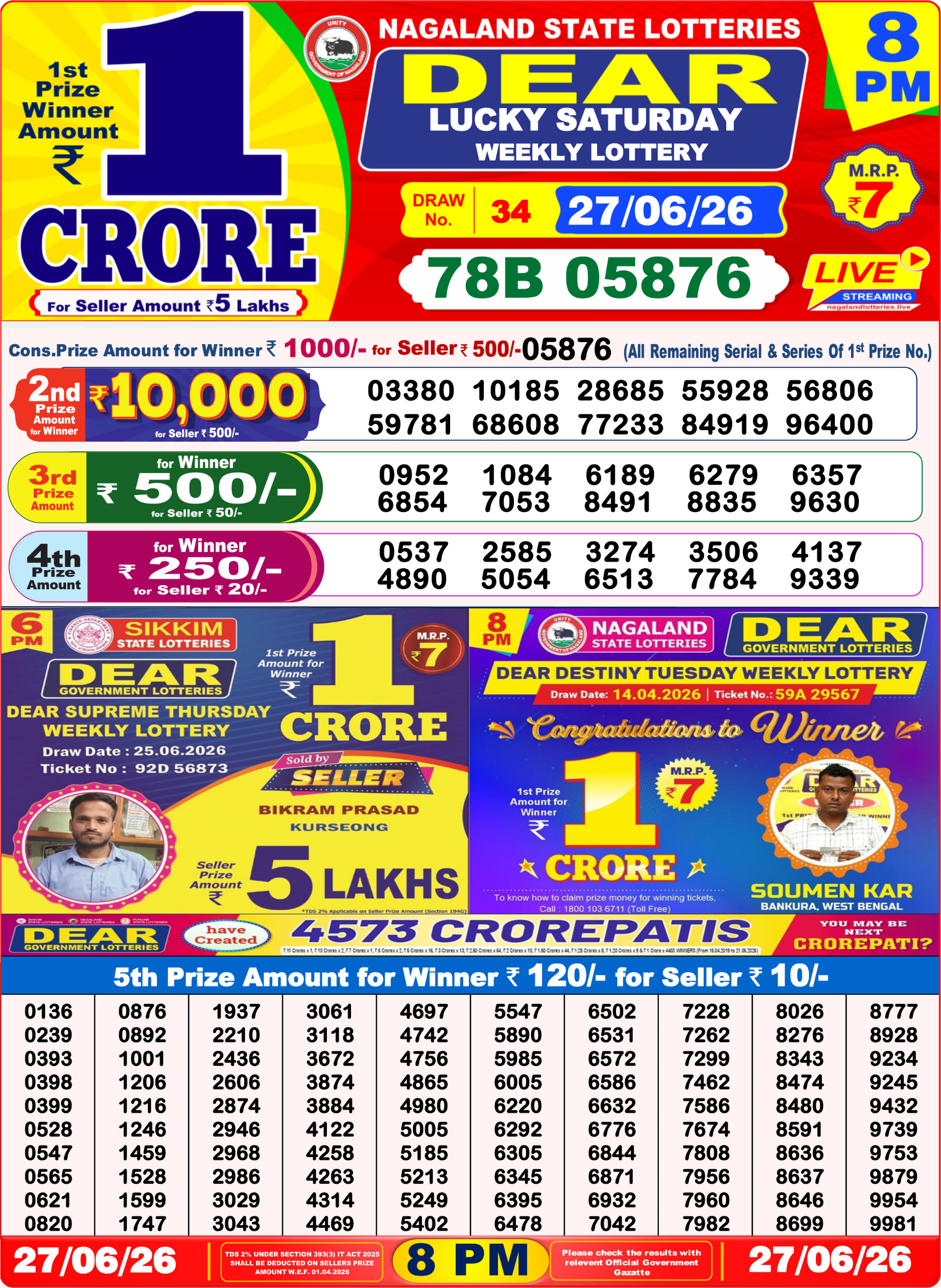Dear Lottery Result 8PM 27 06 26