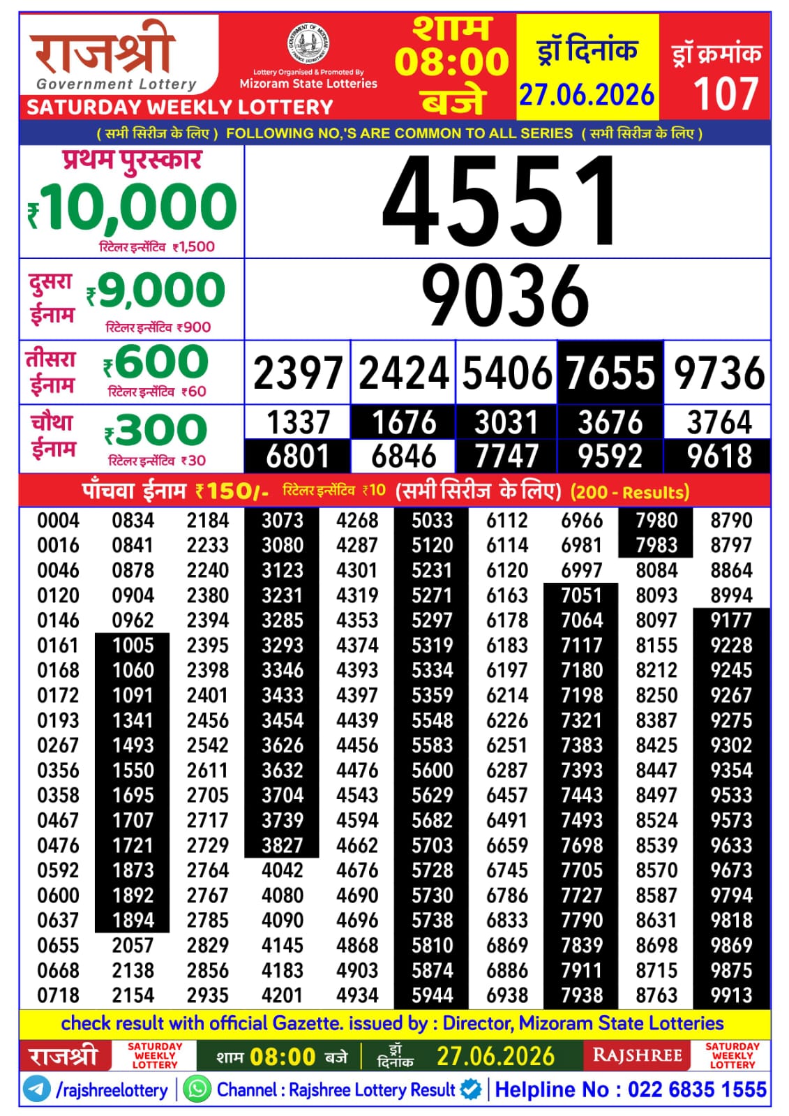 Rajshree Daily 8PM Result 27 06 26