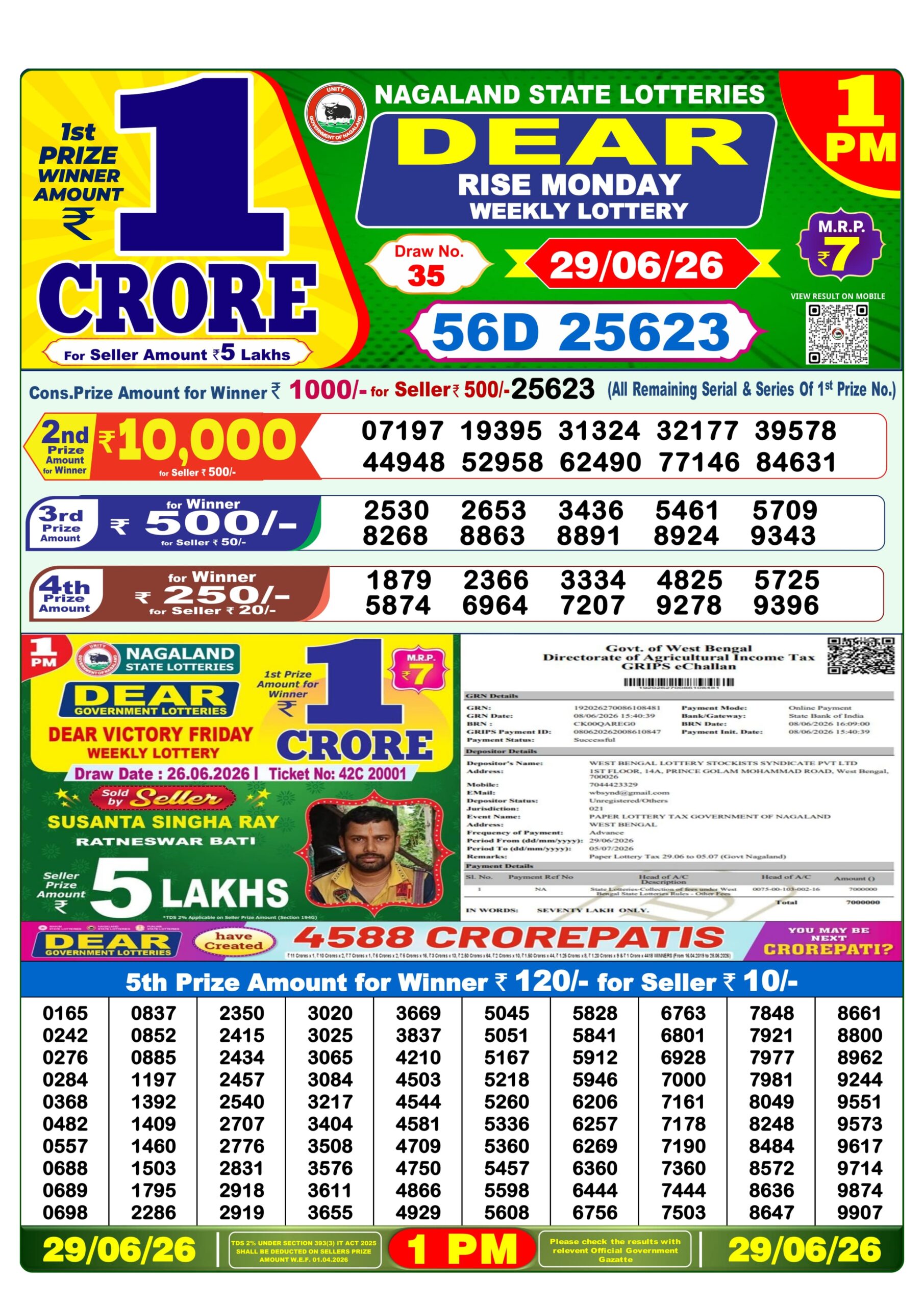 Dear Lottery Result Today 1PM 29 06 26