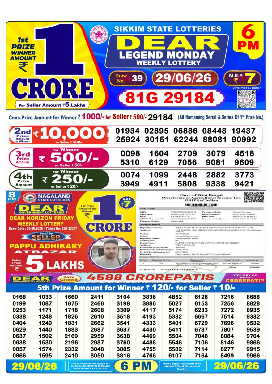 Dear Lottery Today Result 6PM 29 06 26