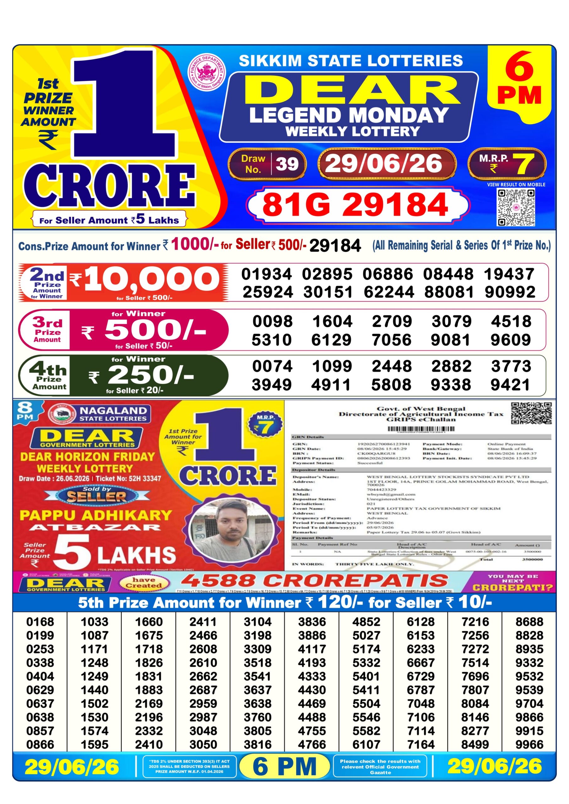 Dear Lottery Today Result 6PM 29 06 26