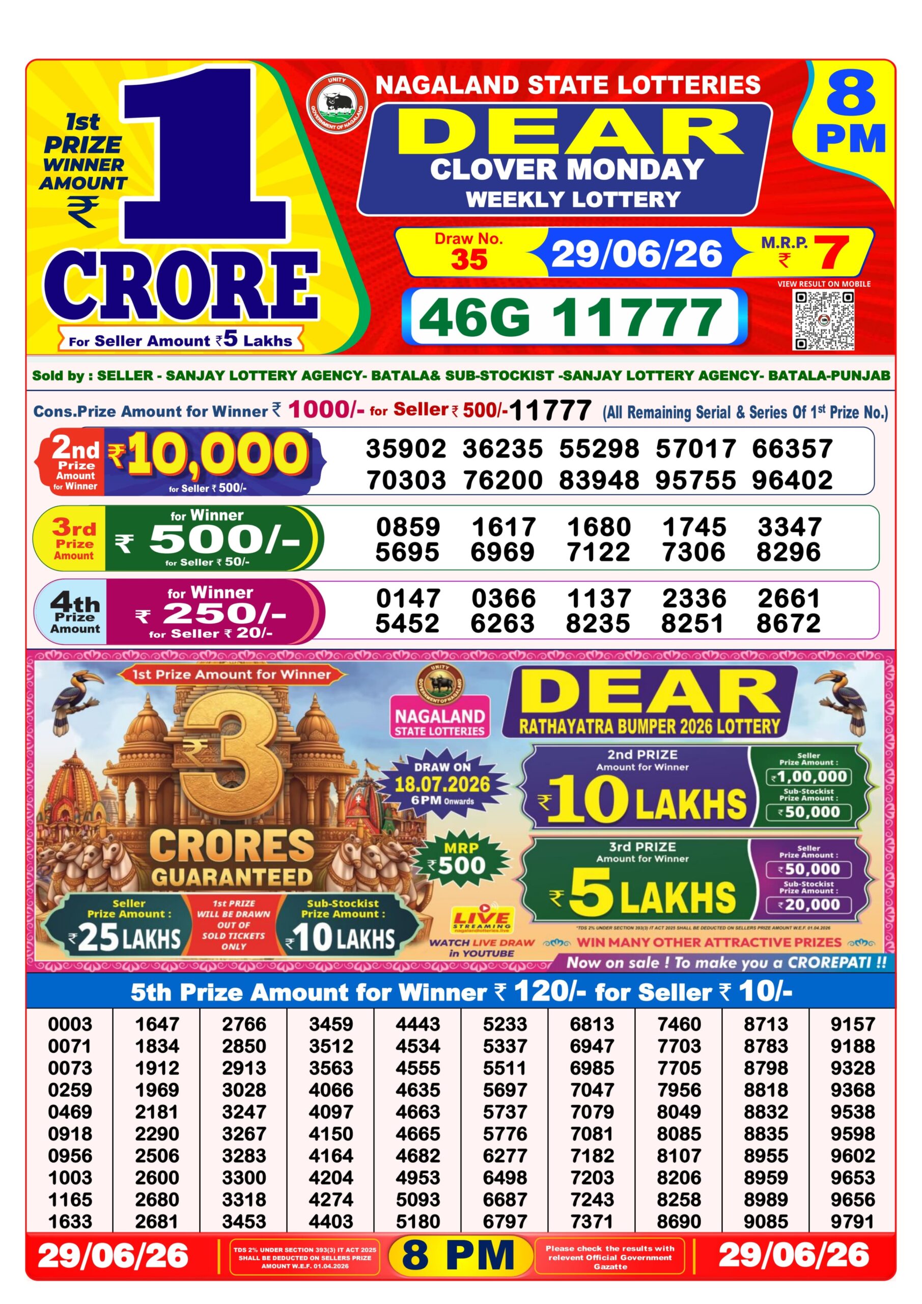 Dear Lottery Result 8PM 29 06 26