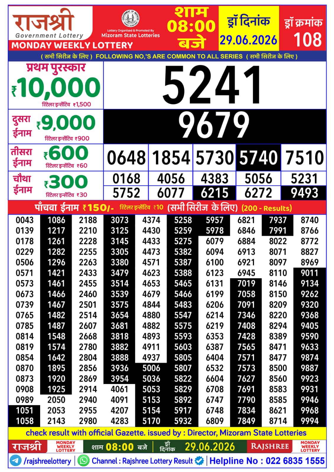 Rajshree Daily 8PM Result 29 06 26