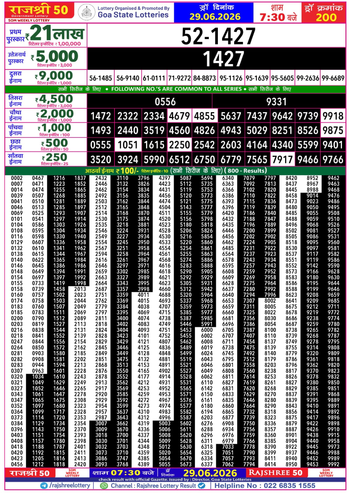 Rajshree 50 Lottery 7:30PM Result 29 06 26