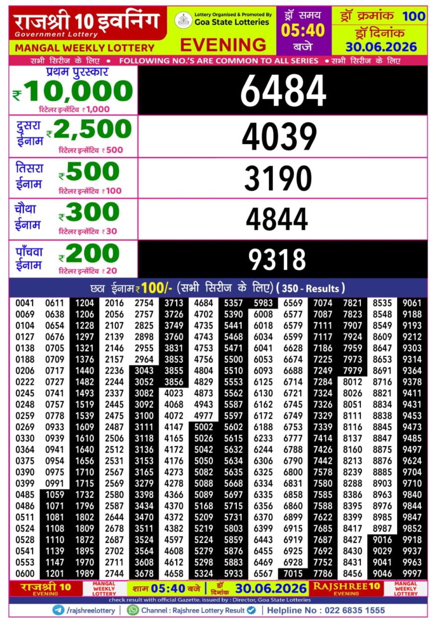 Rajshree 10 Evening 5:40PM Result 30 06 26