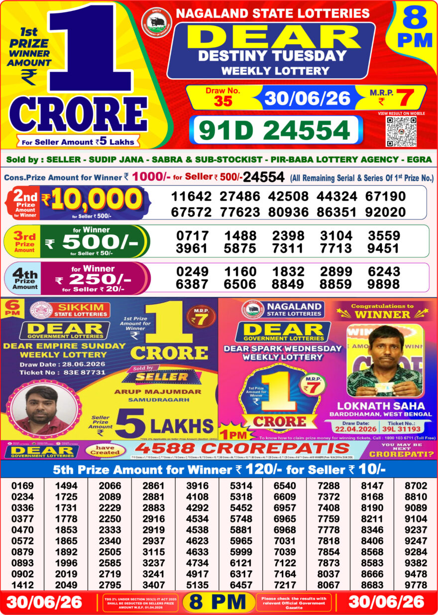 Dear Lottery Result 8PM 30 06 26