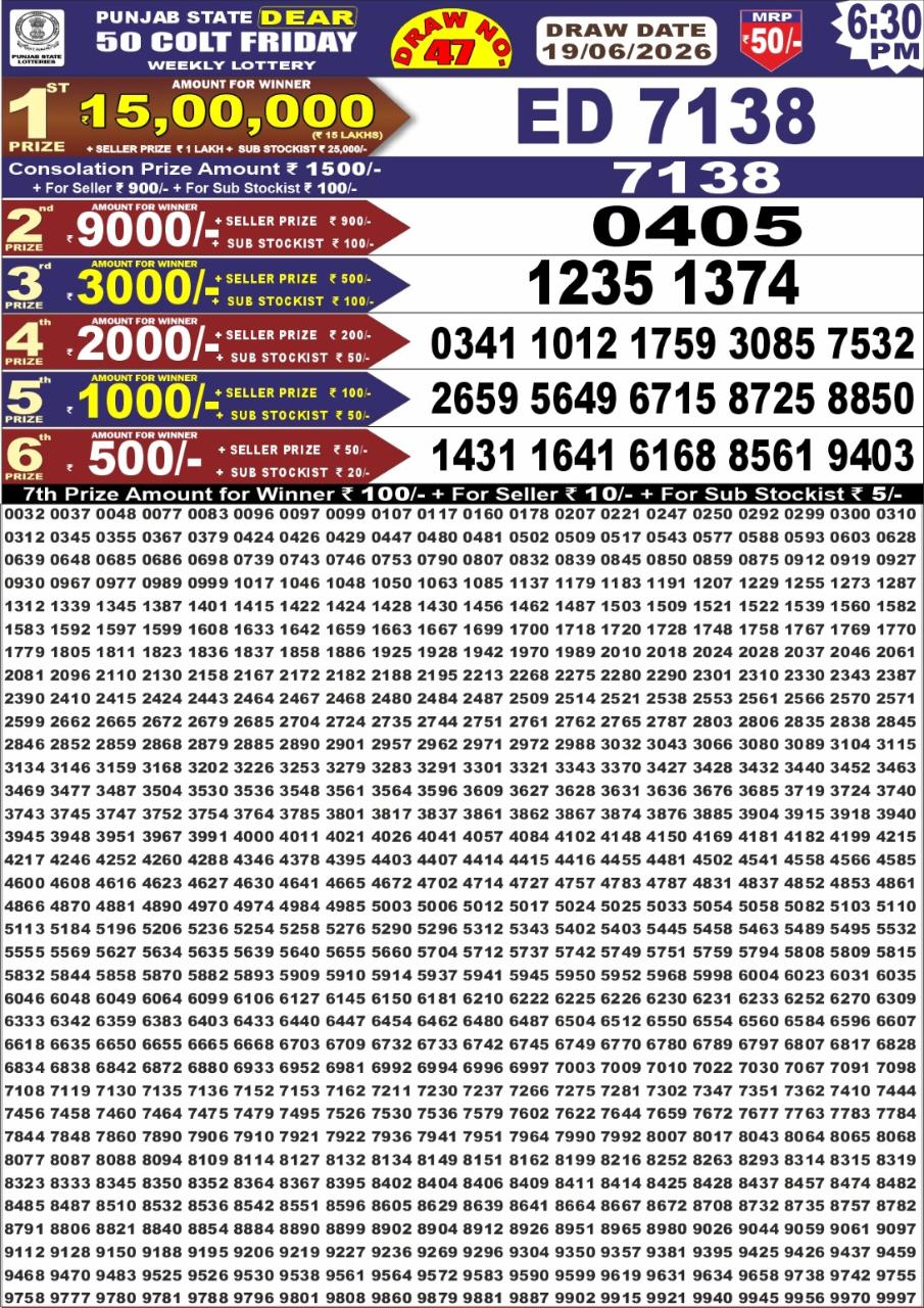 Punjab State Dear 50 Lottery 6:30PM Result 19 06 26