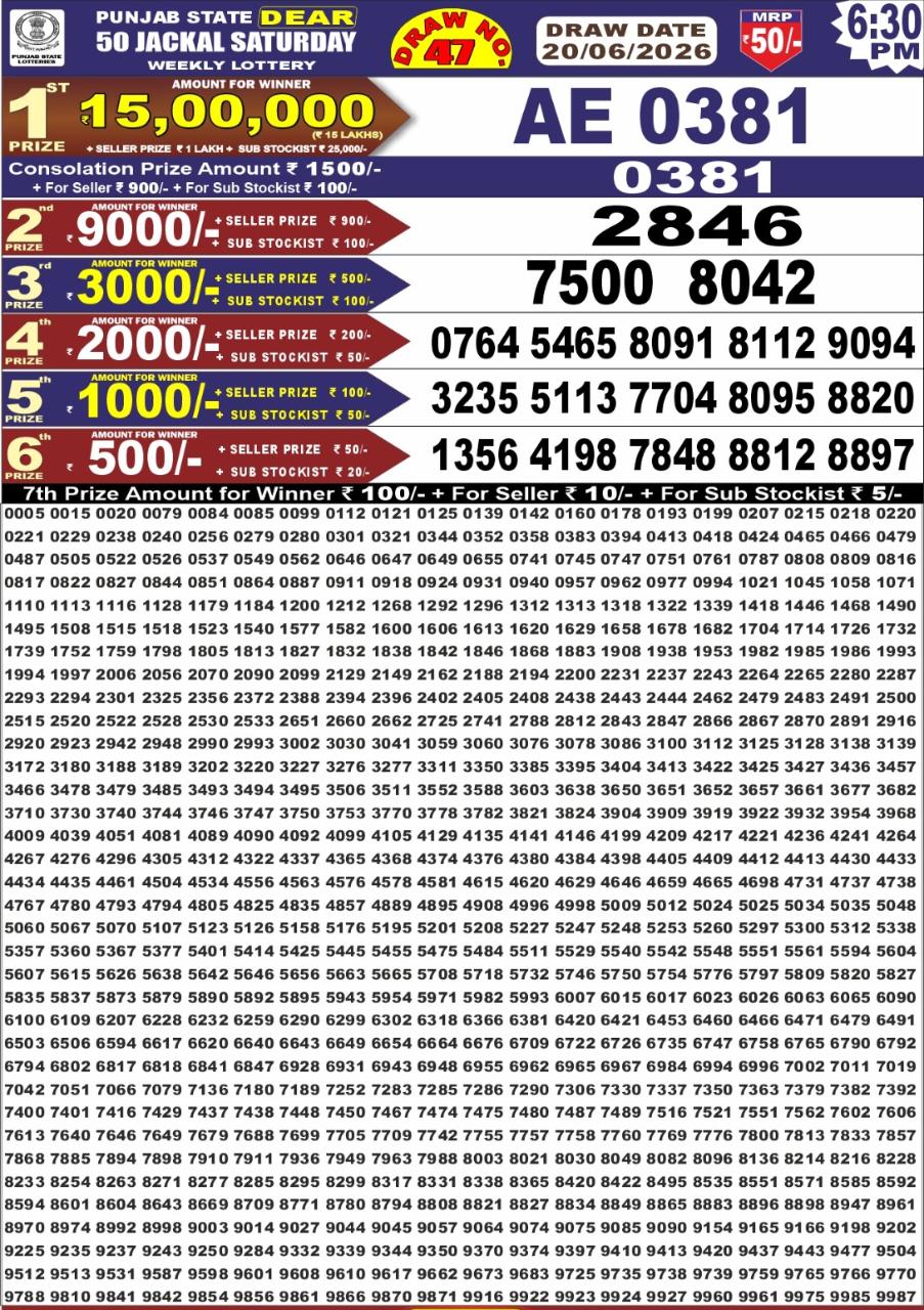 Punjab State Dear 50 Lottery 6:30PM Result 20 06 26