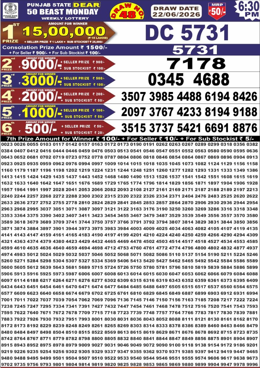 Punjab State Dear 50 Lottery 6:30PM Result 22 06 26