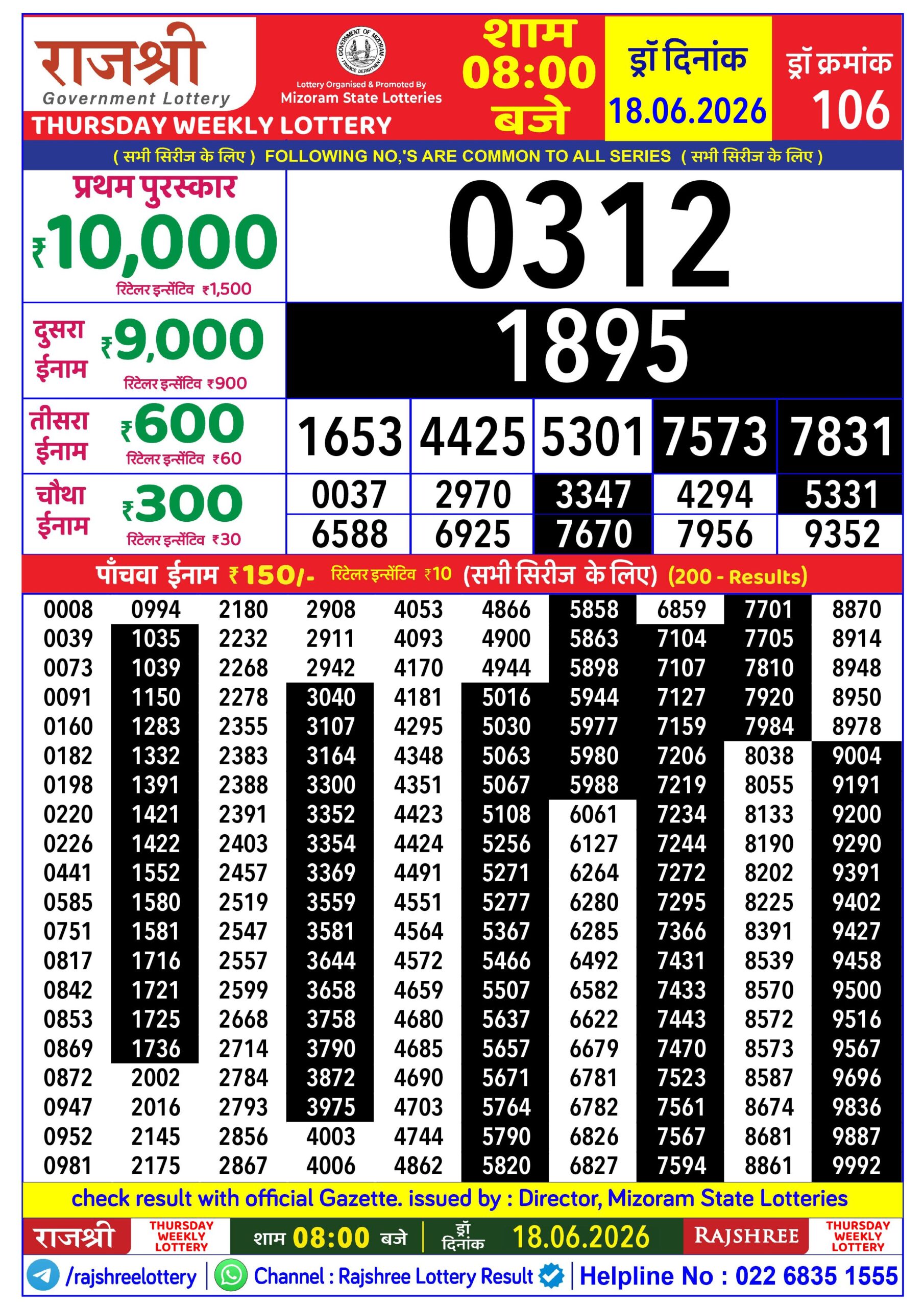 Rajshree Daily 8PM Result 18 06 26