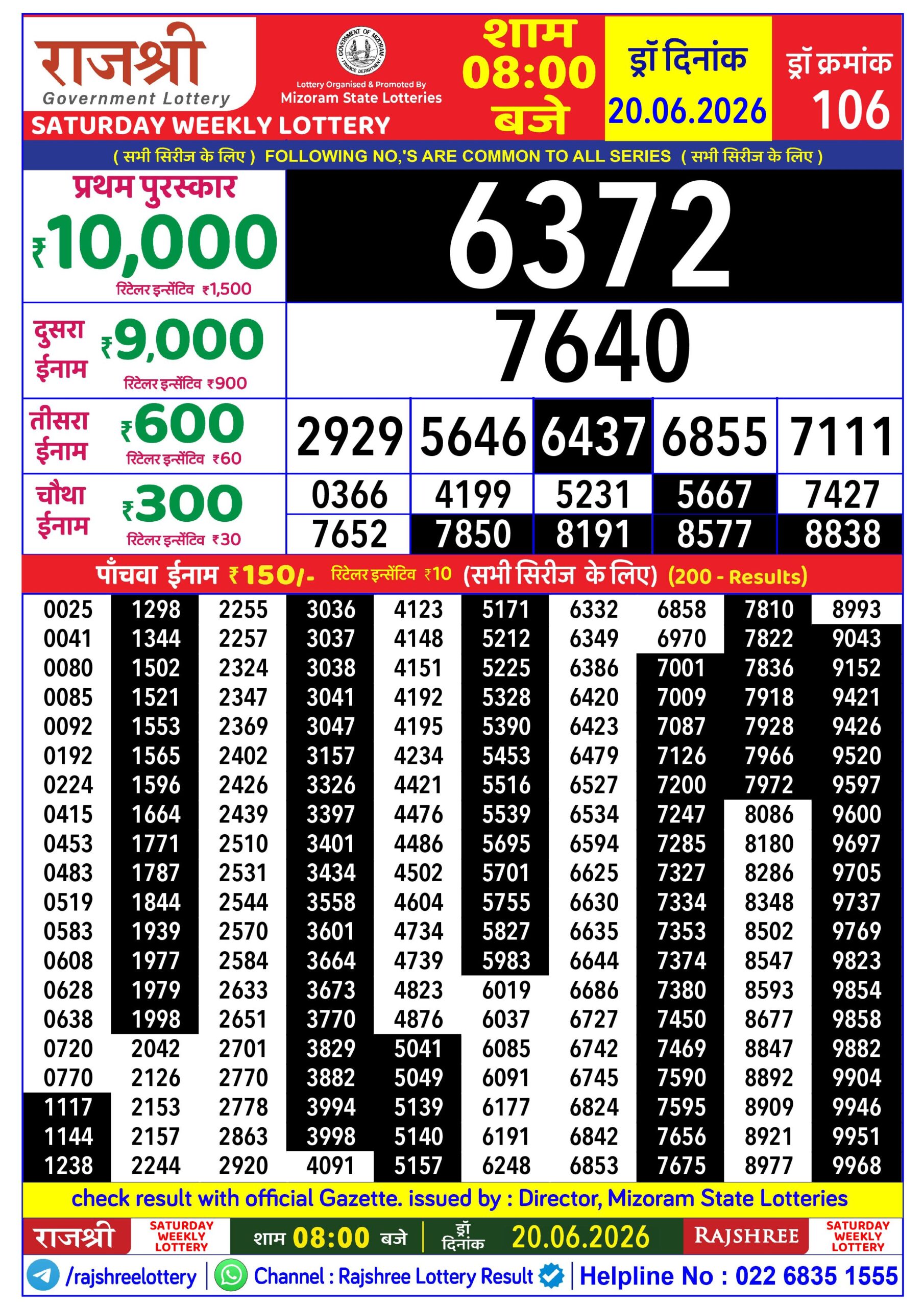 Rajshree Daily 8PM Result 20 06 26