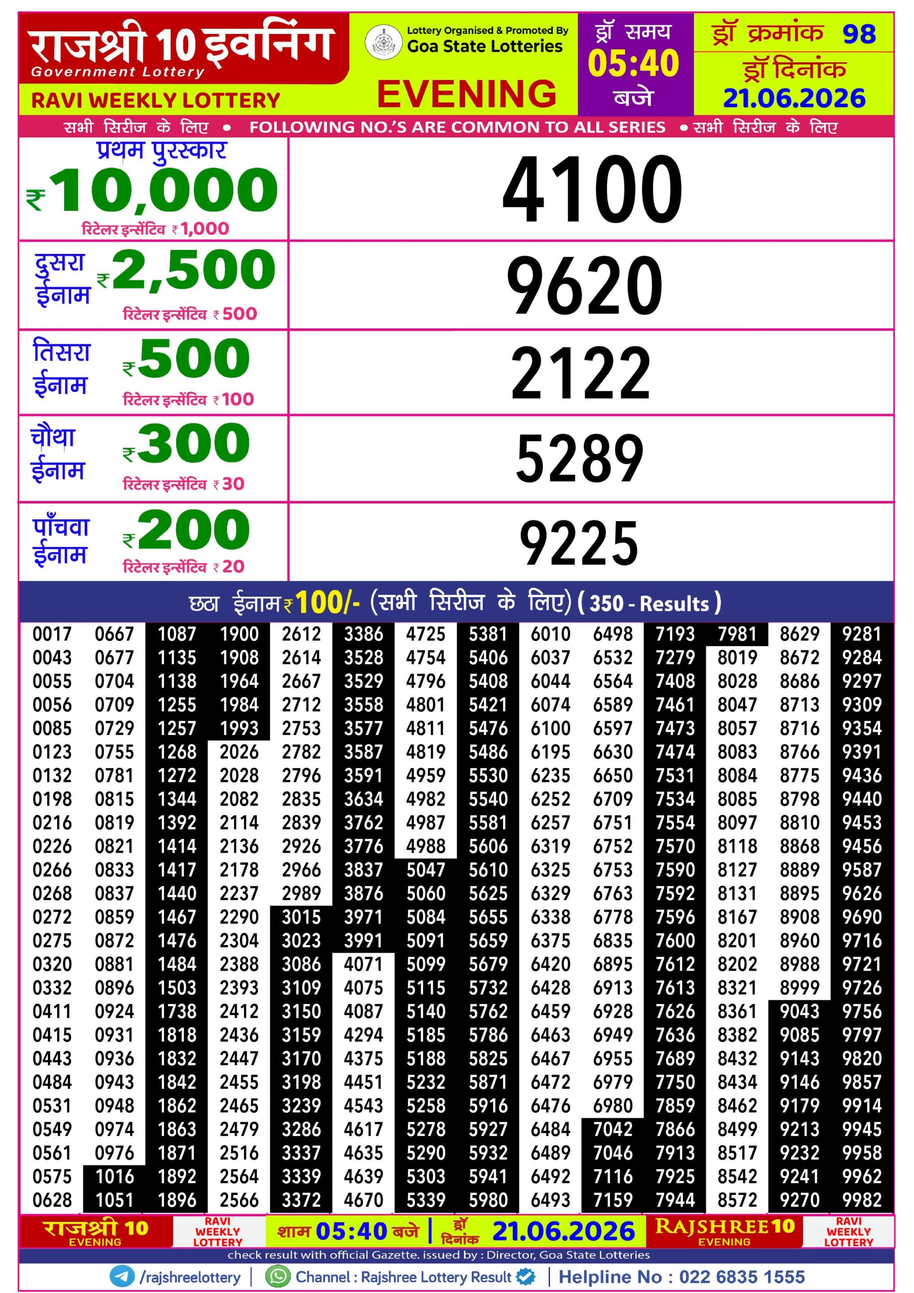 Rajshree 10 Evening 5:40PM Result 21 06 26
