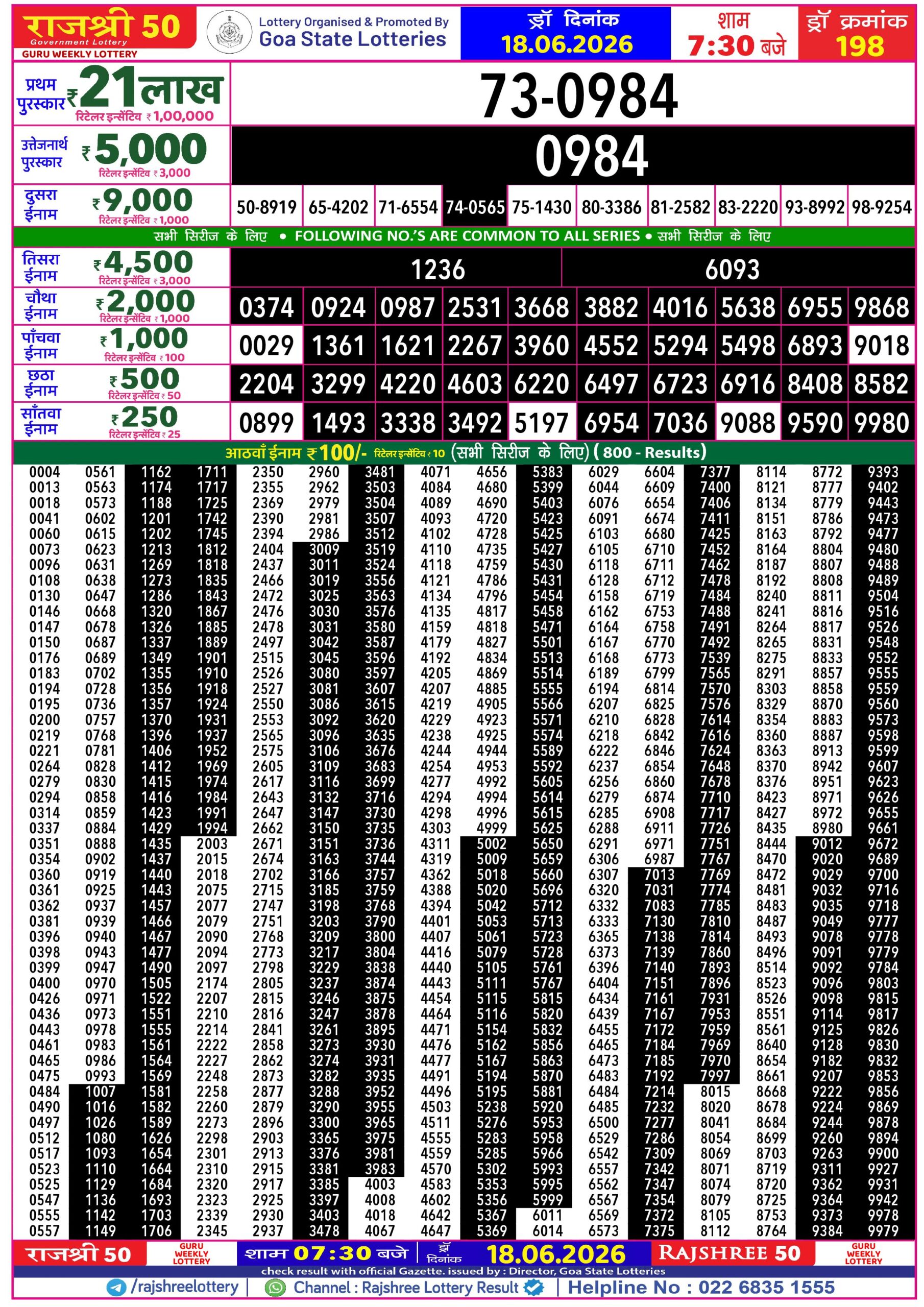 Rajshree 50 Lottery 7:30PM Result 18 06 26