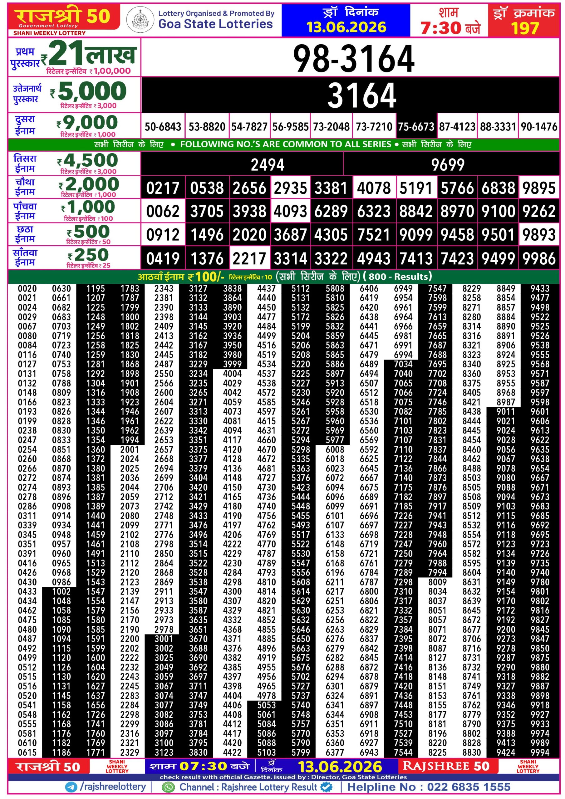 Rajshree 50 Lottery 7:30PM Result 13 06 26