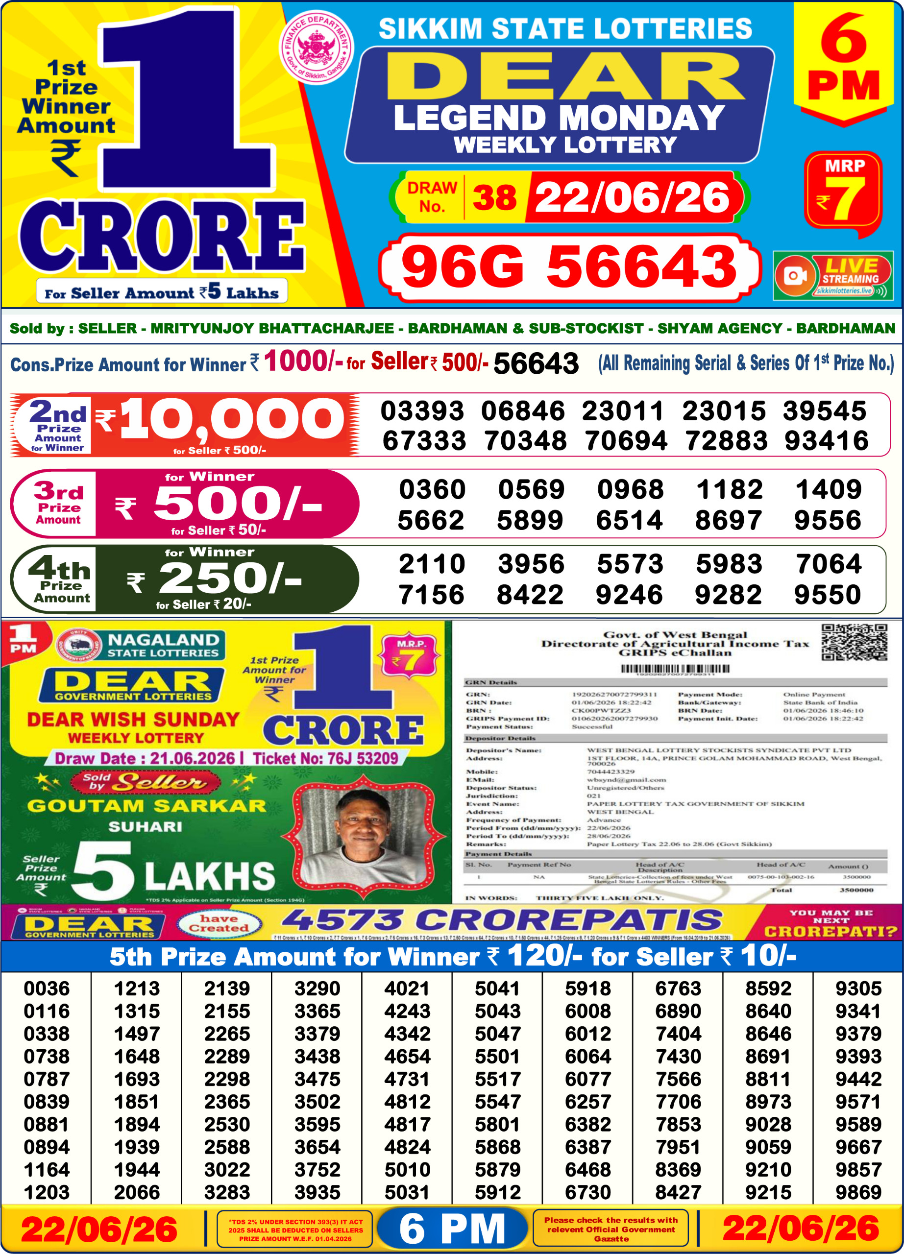 Dear Lottery Today Result 6PM 22 06 26