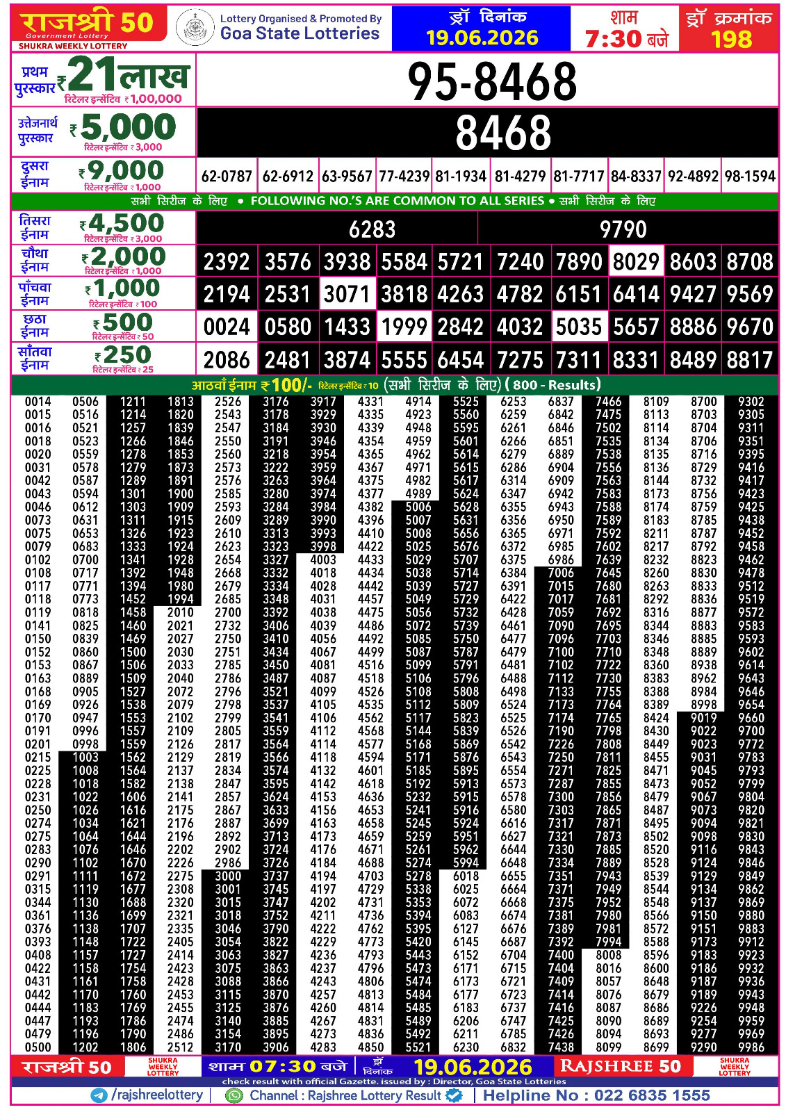 Rajshree 50 Lottery 7:30PM Result 19 06 26