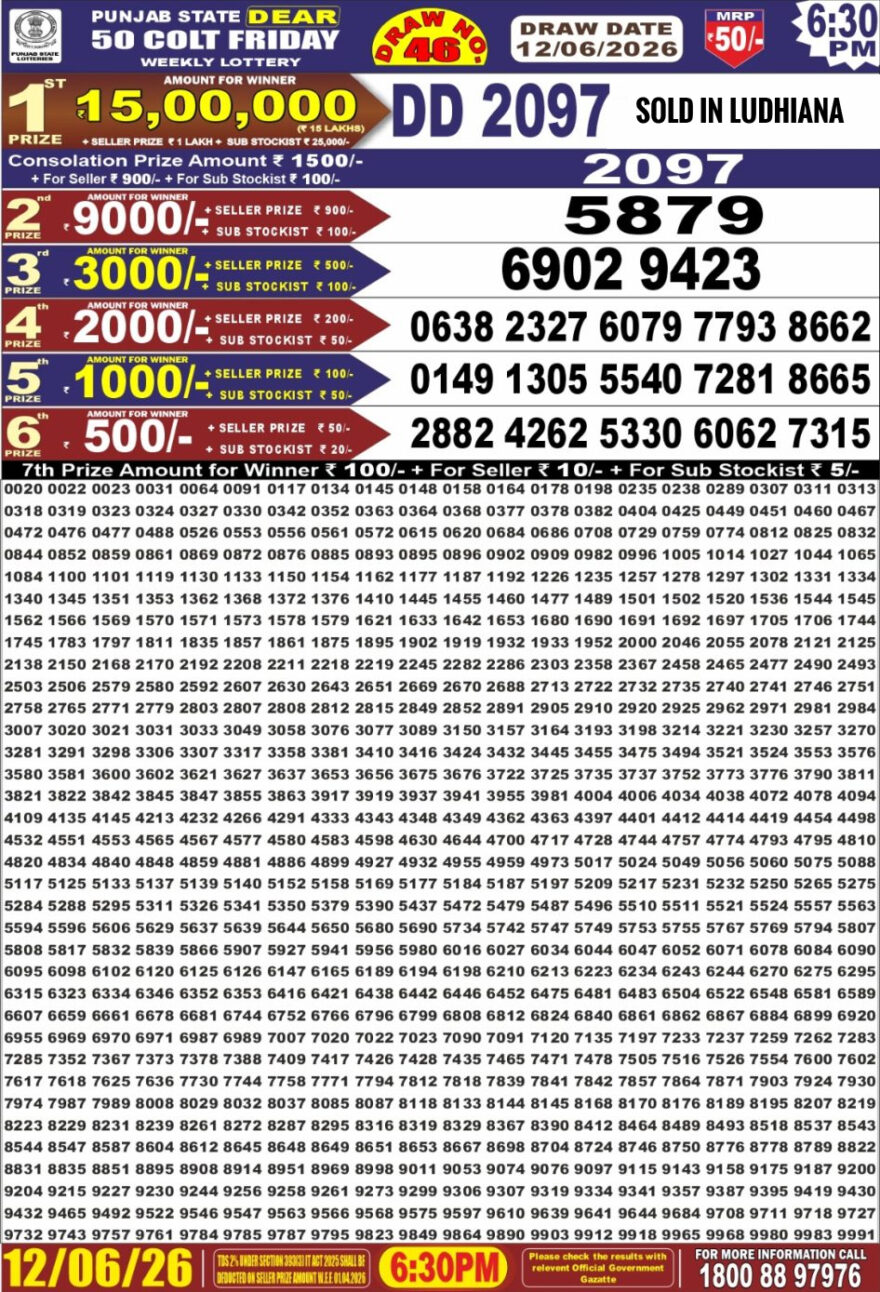 Punjab State Dear 50 Lottery 6:30PM Result 12 06 26