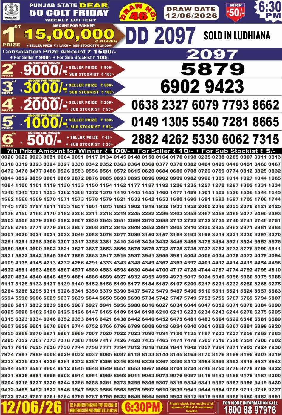 Punjab State Dear 50 Lottery 6:30PM Result 12 06 26