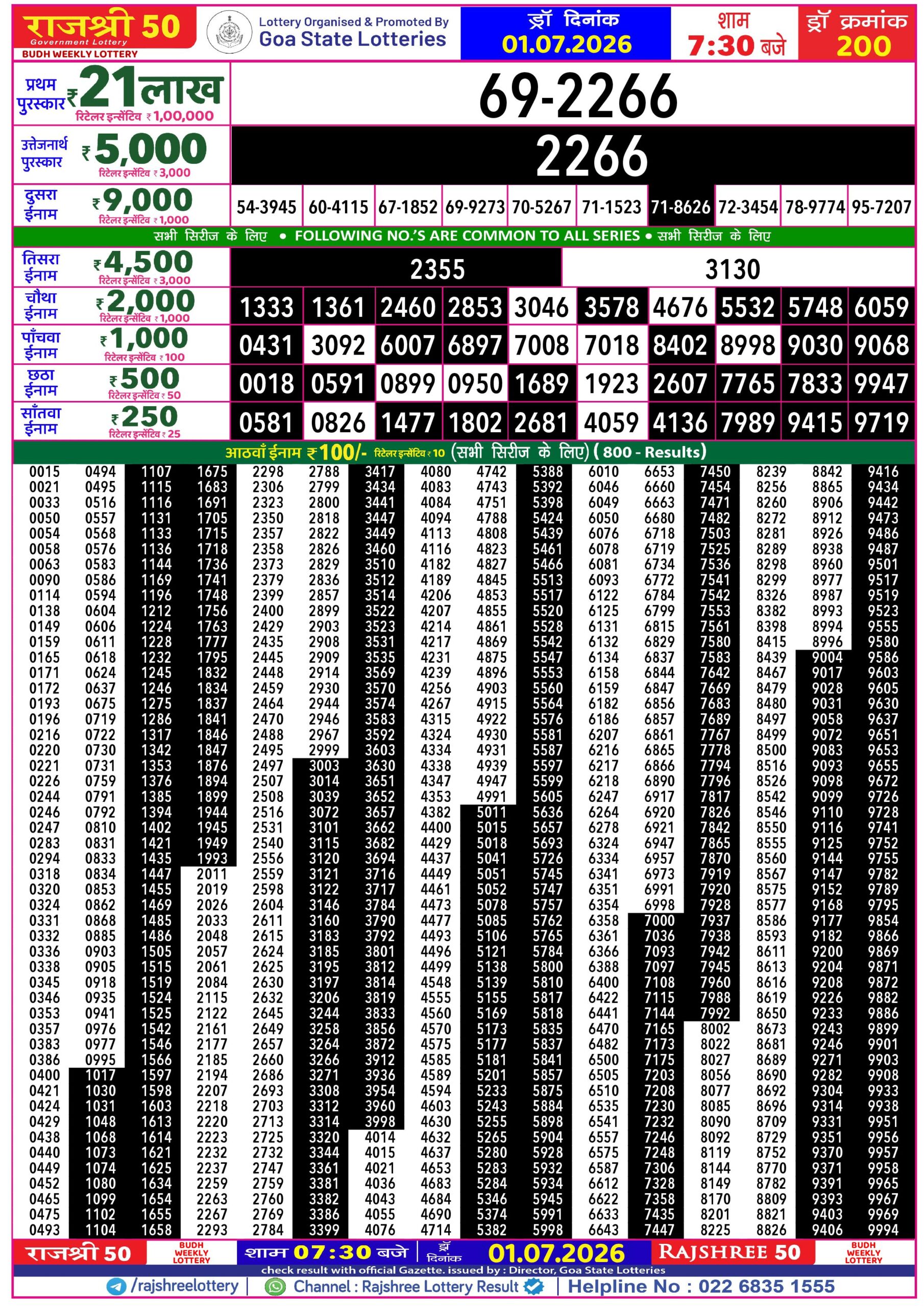 Rajshree 50 Lottery 7:30PM Result 01 07 26
