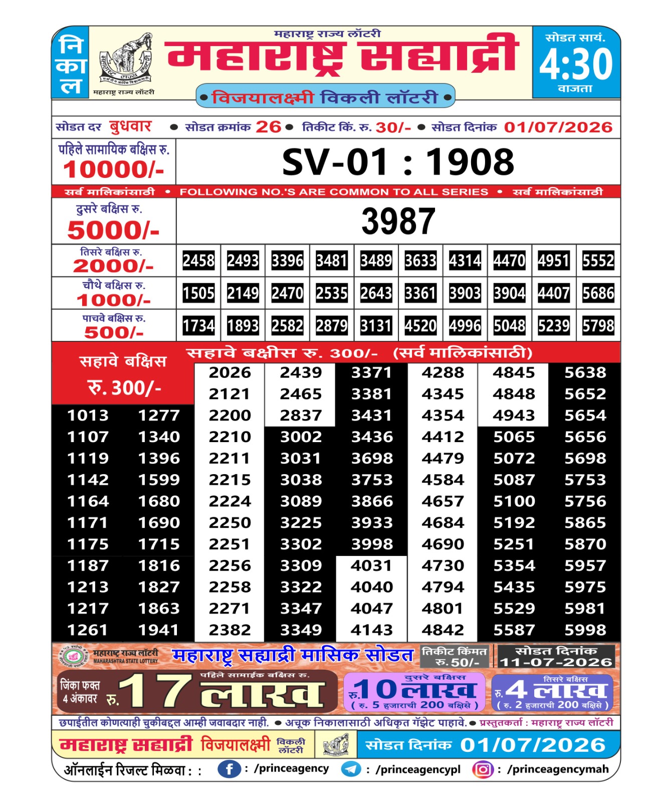 Maharashtra Sahyadri Lottery Result 01 07 26