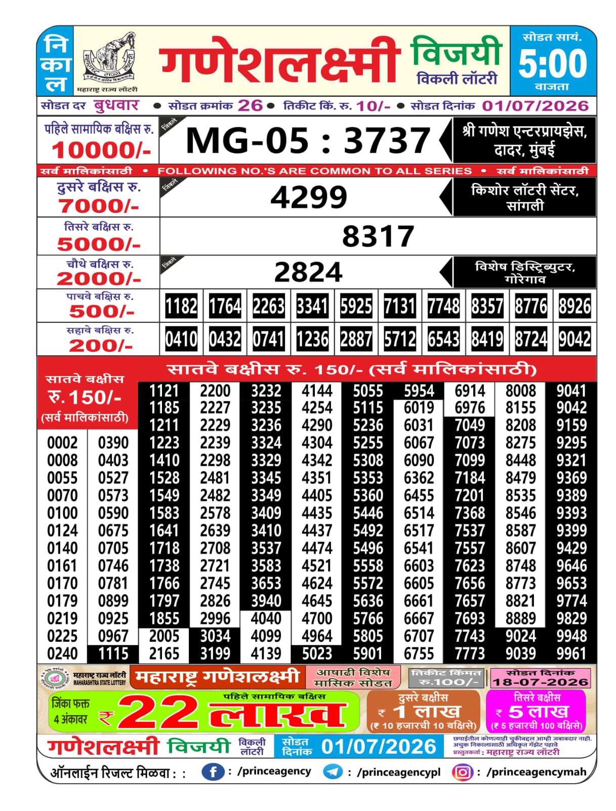 Maharashtra Ganesh Laxmi Lottery Result 01 07 26