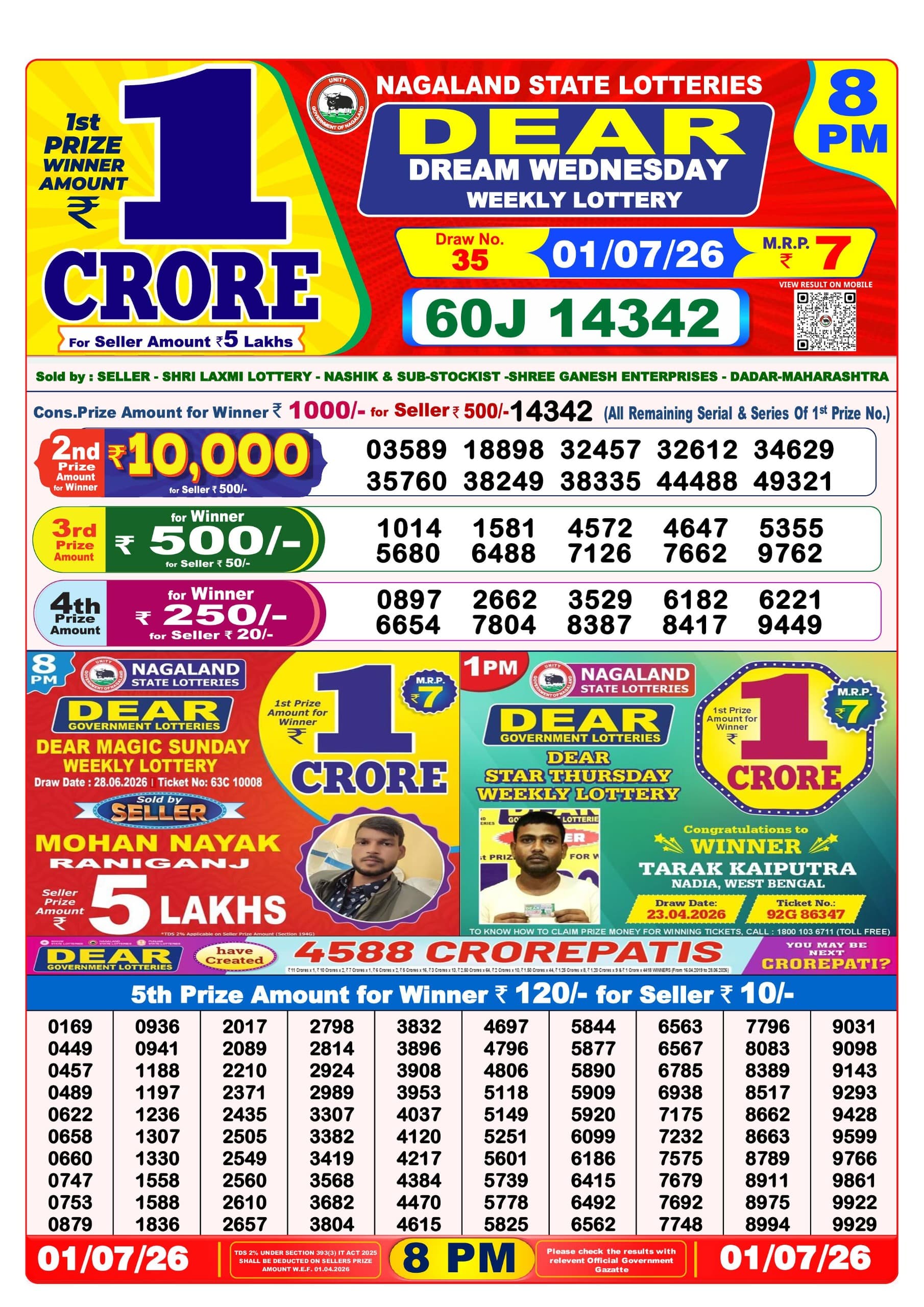 Dear Lottery Result 8PM 01 07 26