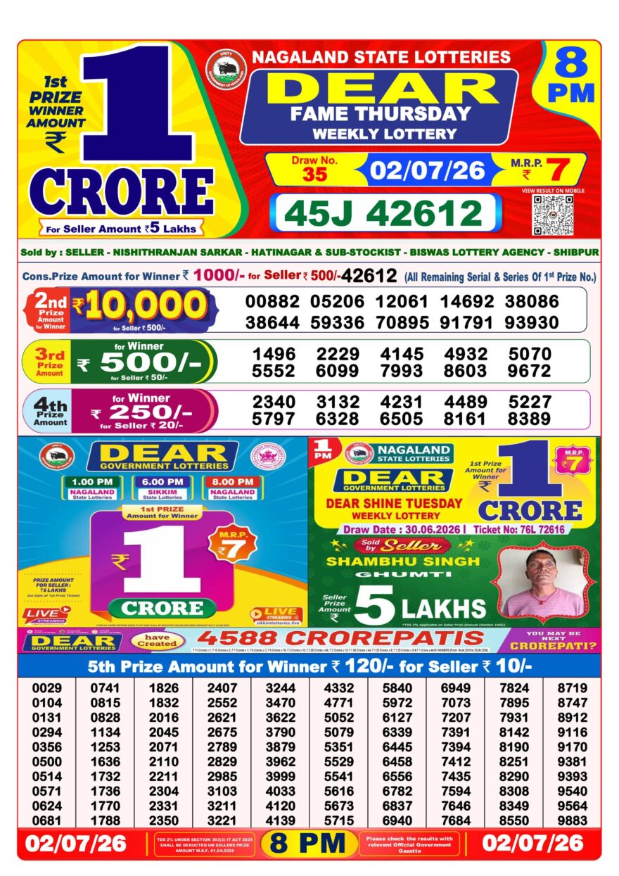 Dear Lottery Result 8PM 02 07 26