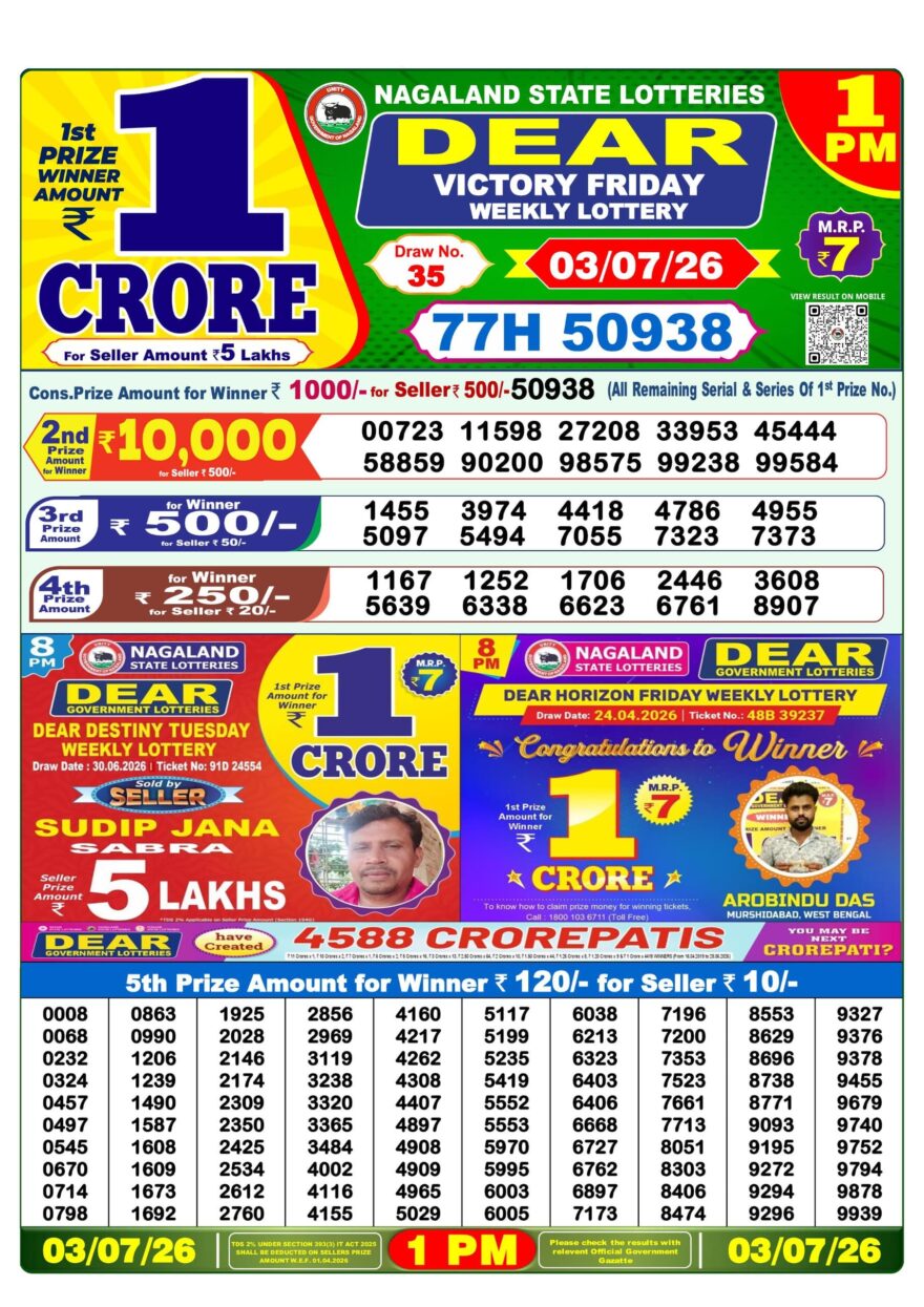 Dear Lottery Result Today 1PM 03 07 26