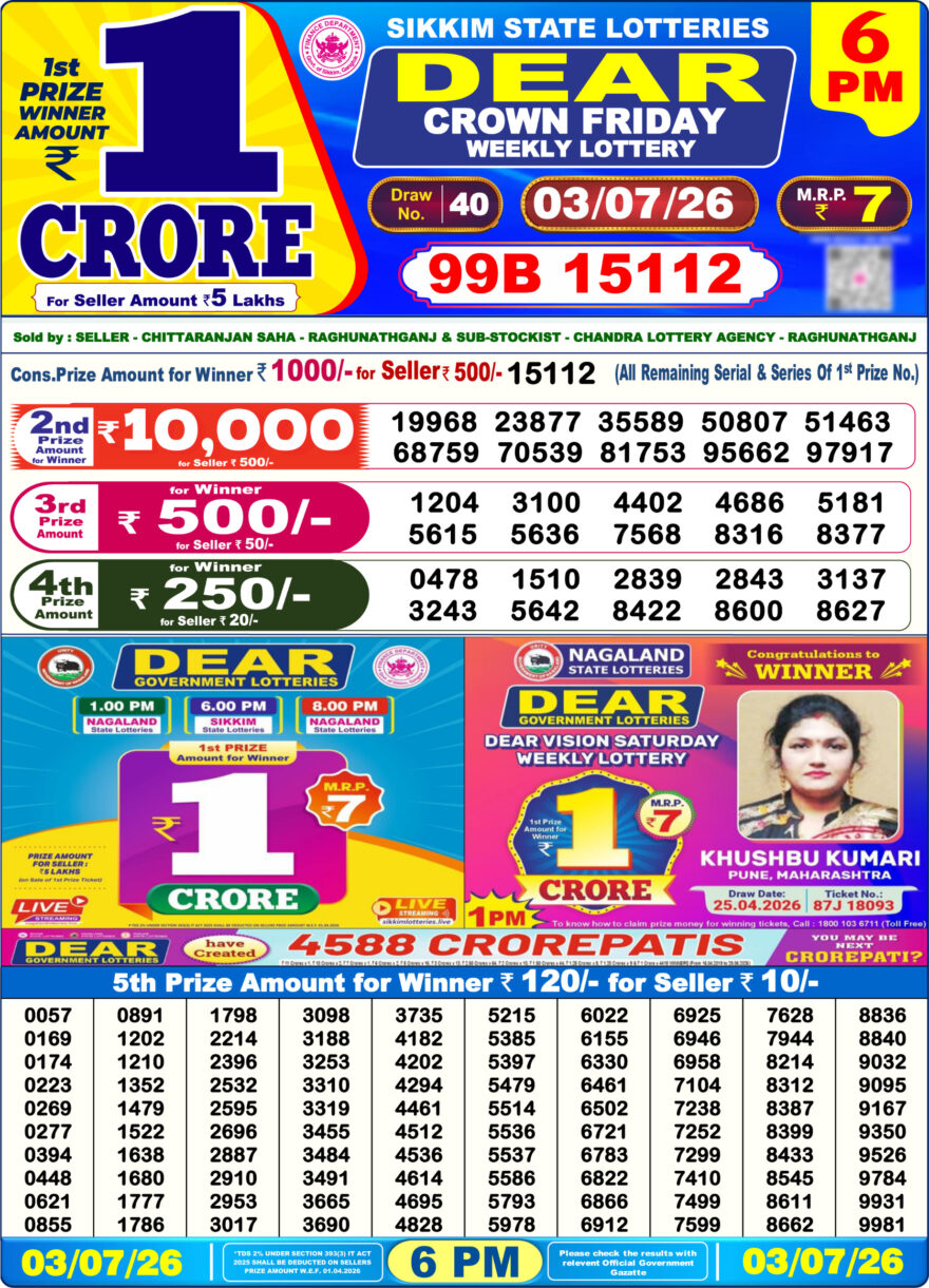 Dear Lottery Today Result 6PM 03 07 26