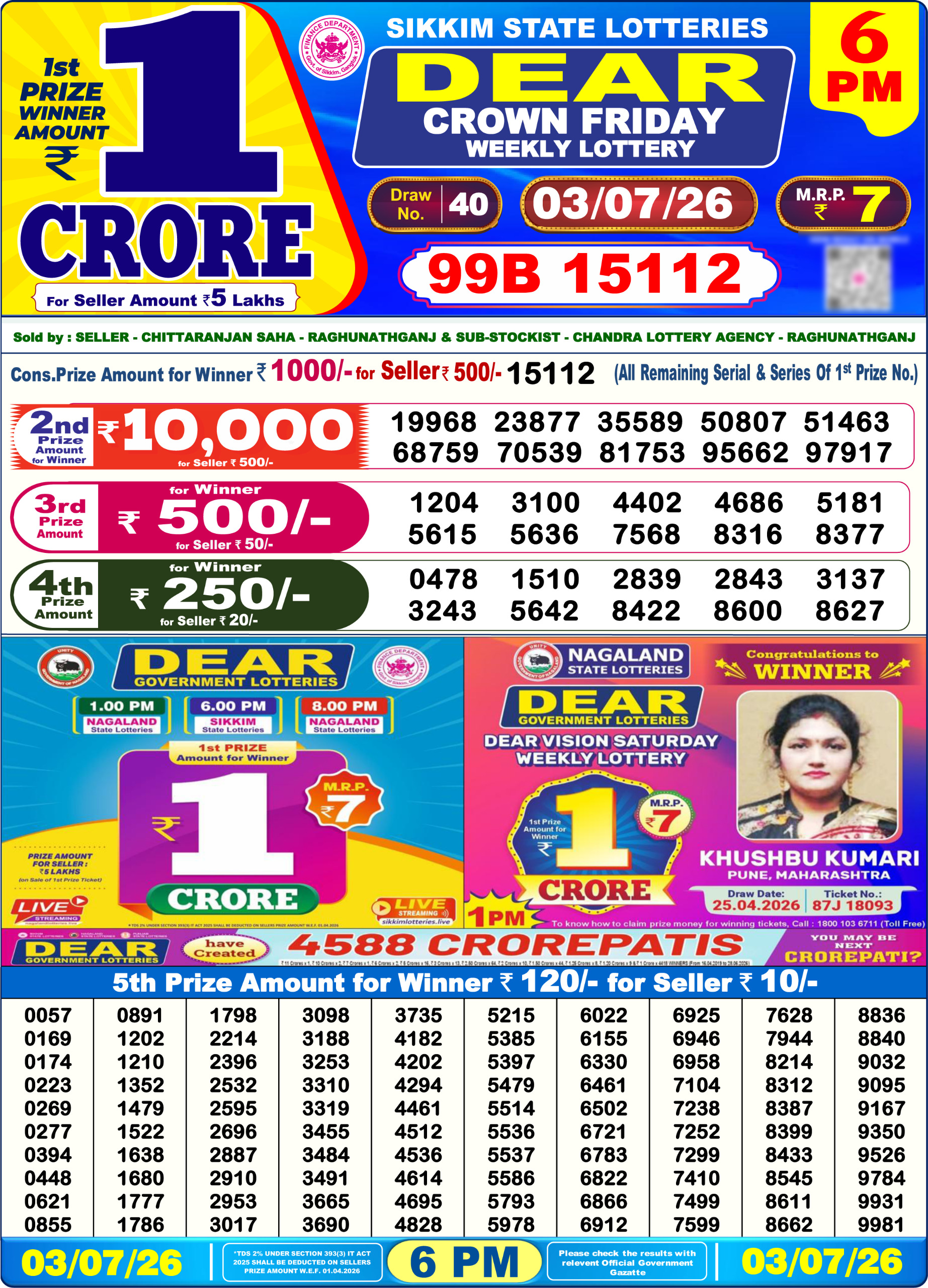 Dear Lottery Today Result 6PM 03 07 26