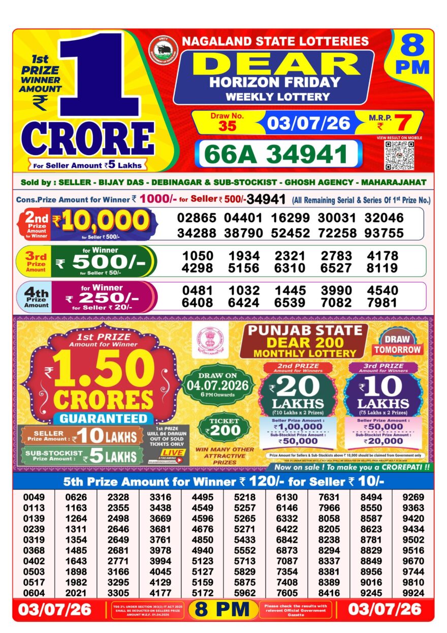 Dear Lottery Result 8PM 03 07 26