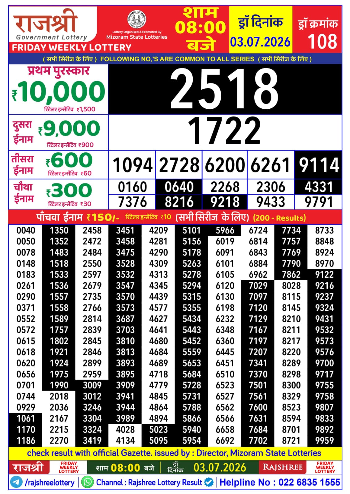 Rajshree Daily 8PM Result 03 07 26