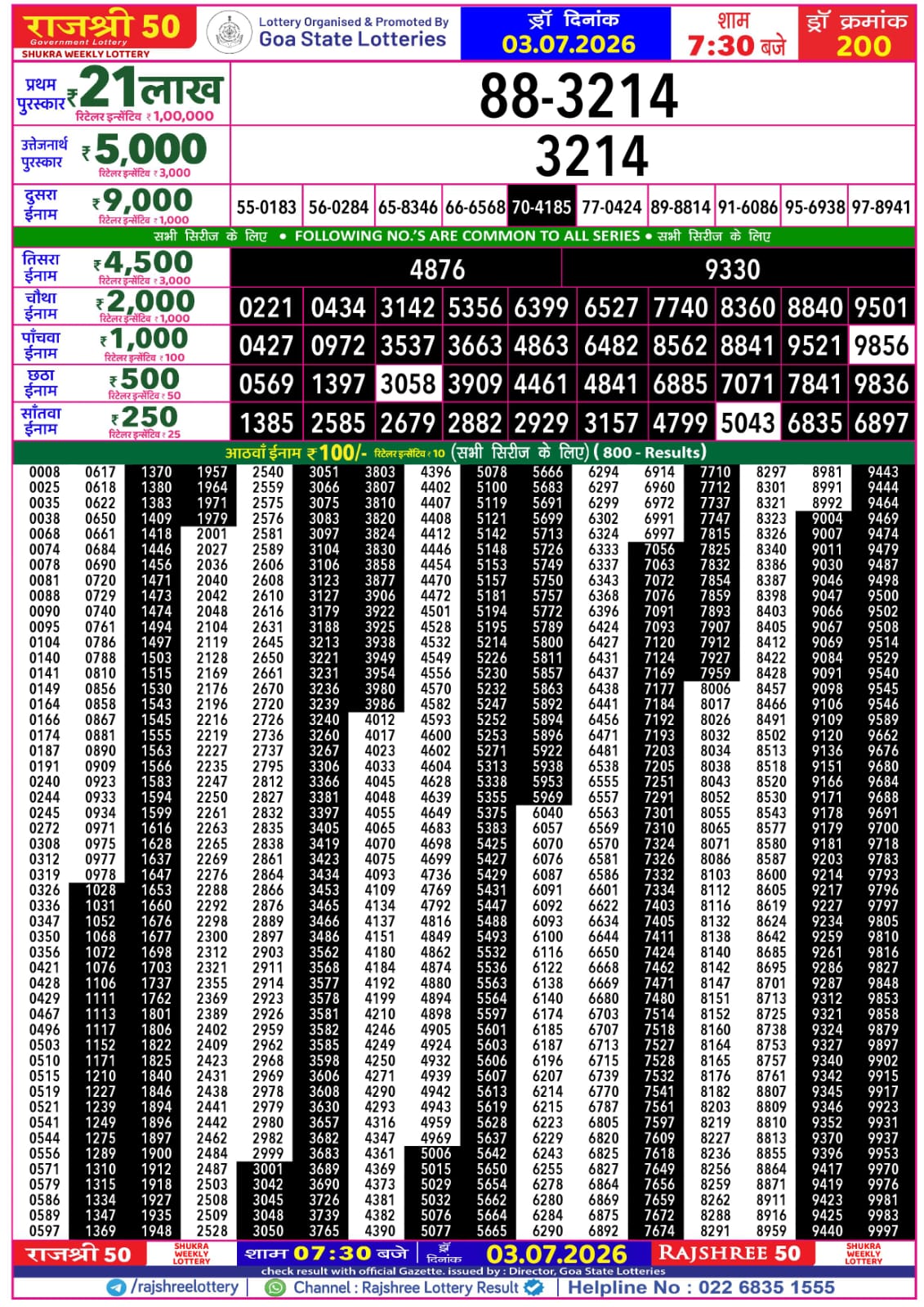 Rajshree 50 Lottery 7:30PM Result 03 07 26