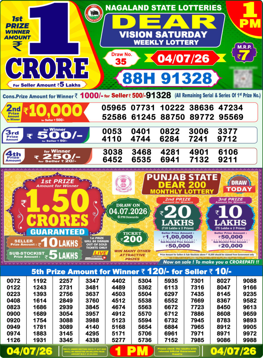Dear Lottery Result Today 1PM 04 07 26