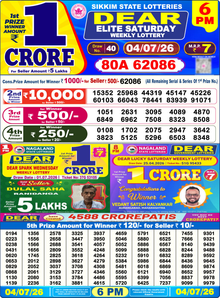 Dear Lottery Today Result 6PM 04 07 26