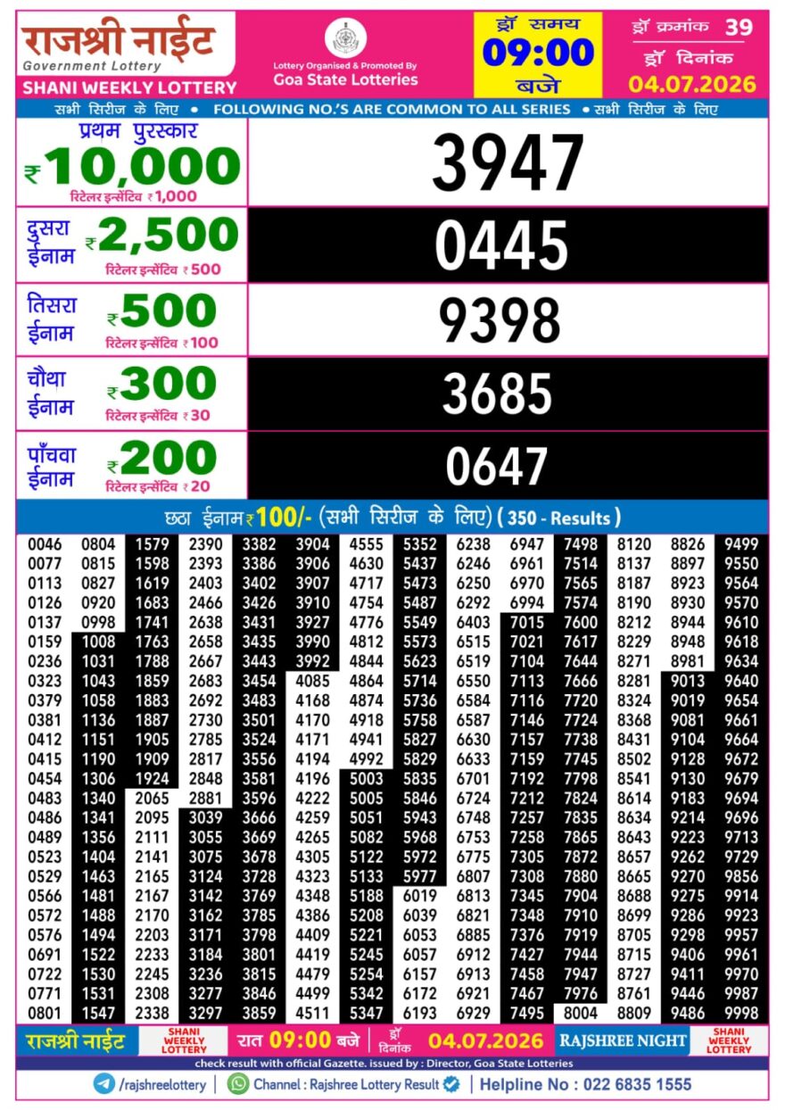 Rajshree 9PM Result 04 07 26