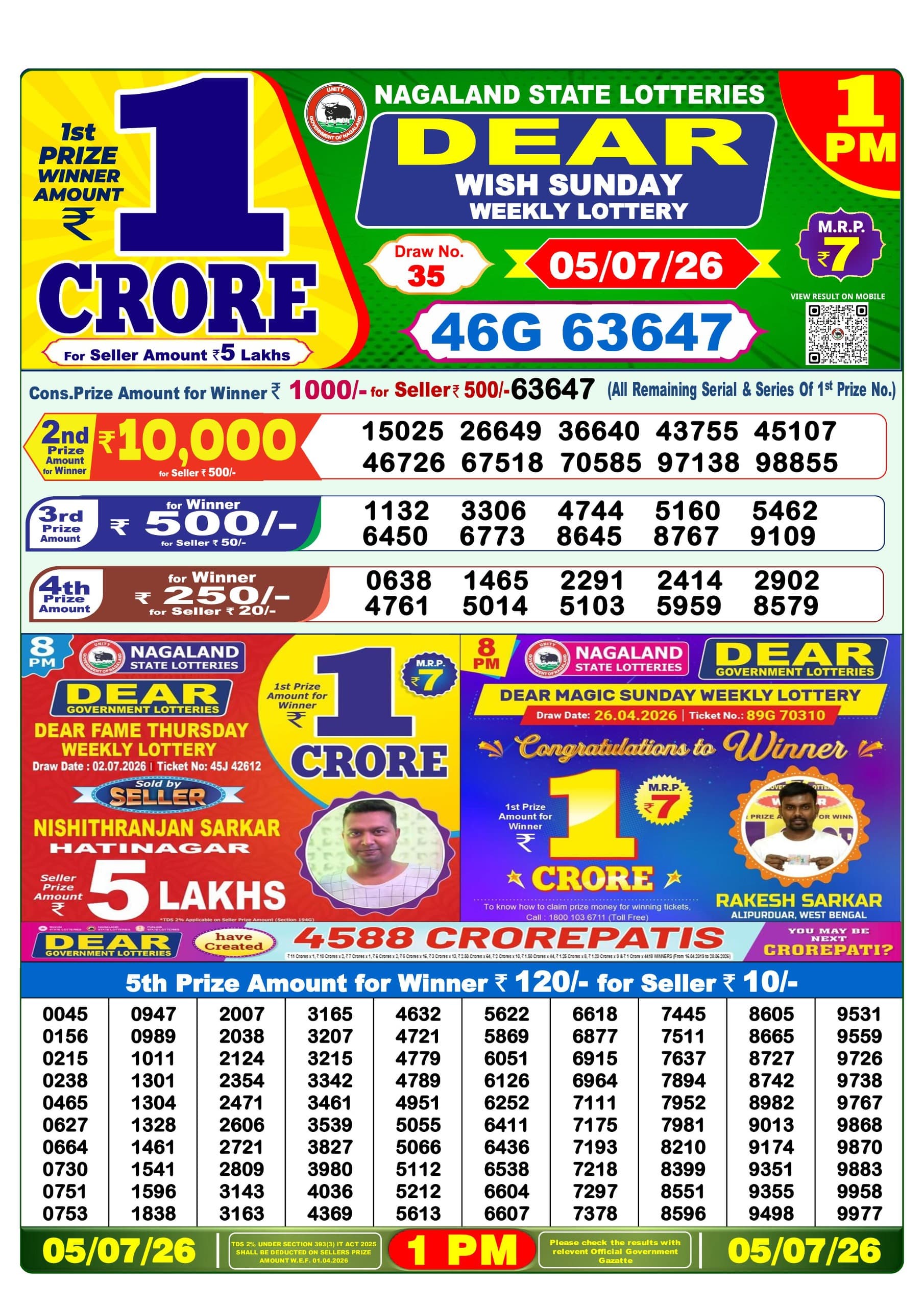 Dear Lottery Result Today 1PM 05 07 26